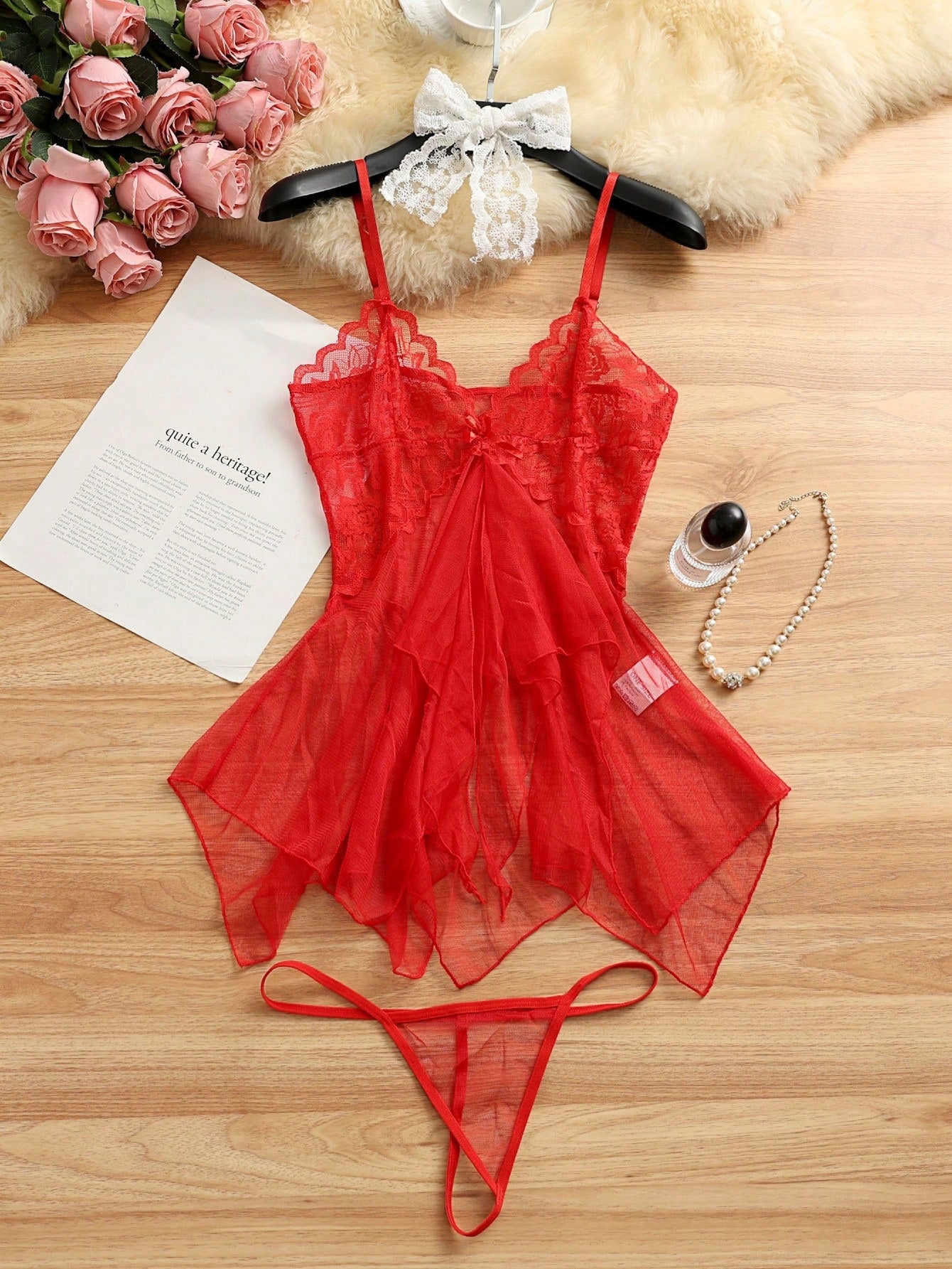 Kawaii 2pcs Sexy Sheer Mesh Camisole Nightgown Lingerie Set For Women