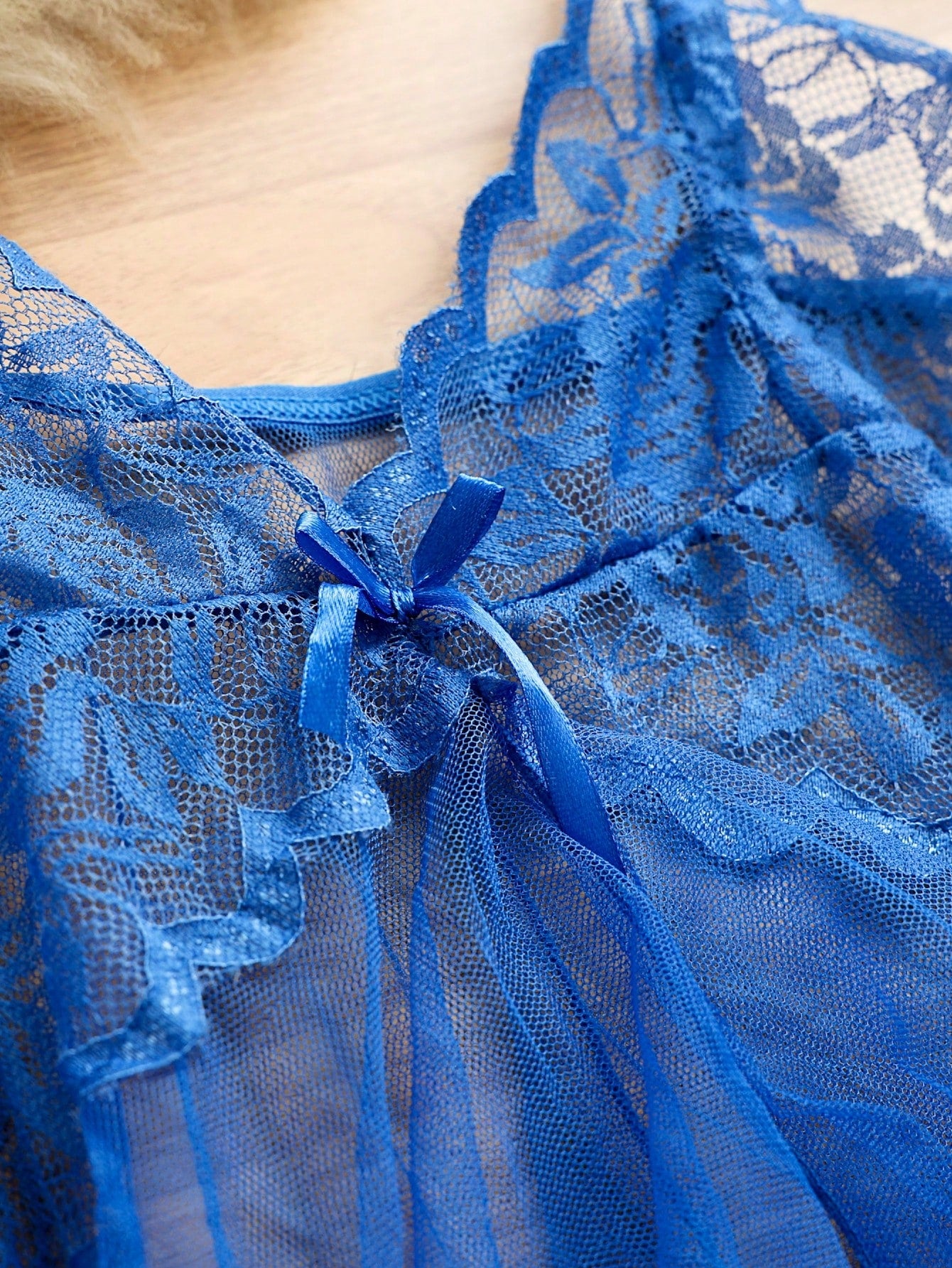 Royal blue 2-piece sexy lingerie set featuring a sheer mesh babydoll nightgown with contrast lace and mesh details, spaghetti straps, wireless triangle bra styling, and a matching low-rise thong.