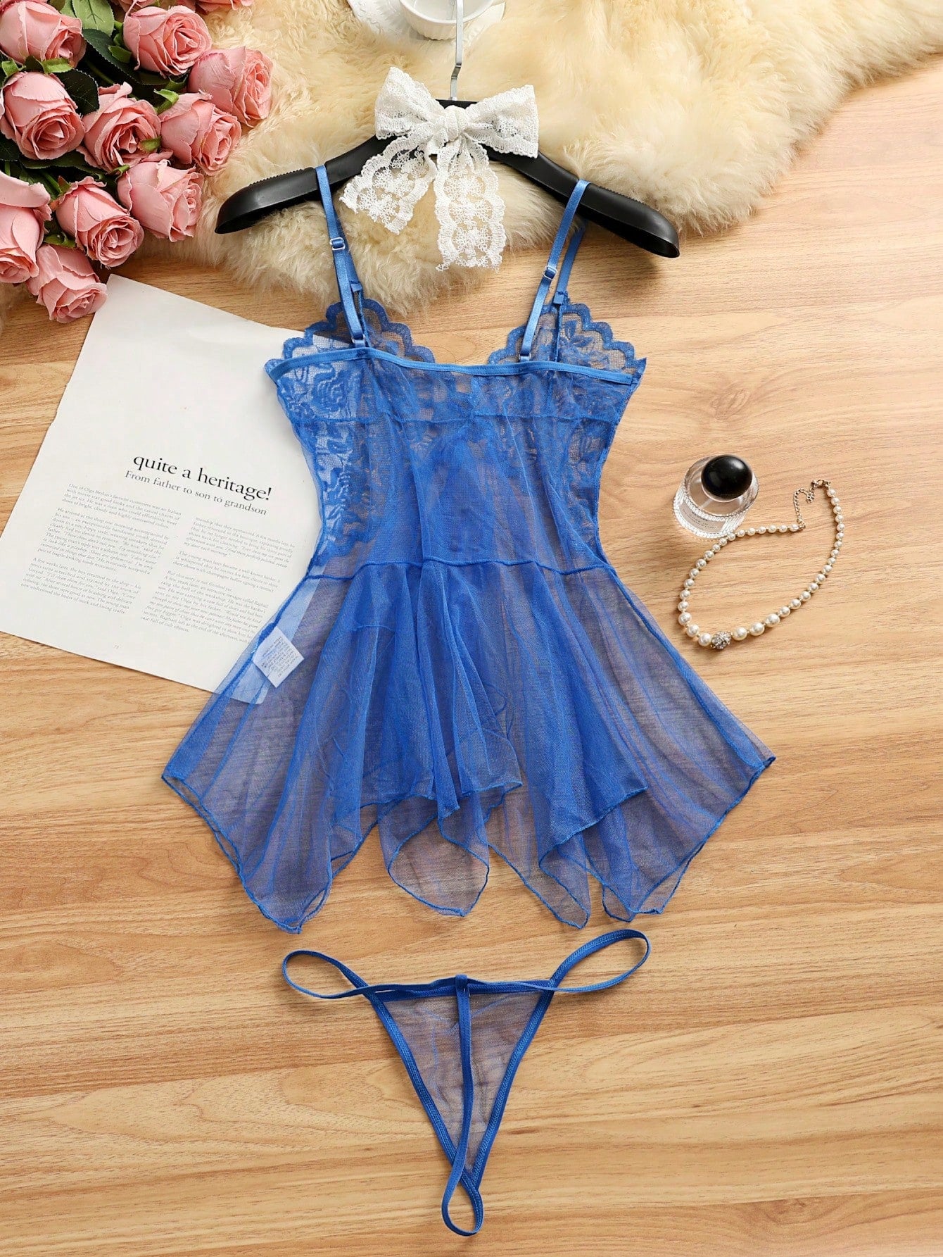 Royal blue 2-piece sexy lingerie set featuring a sheer mesh babydoll nightgown with contrast lace and mesh details, spaghetti straps, wireless triangle bra styling, and a matching low-rise thong.