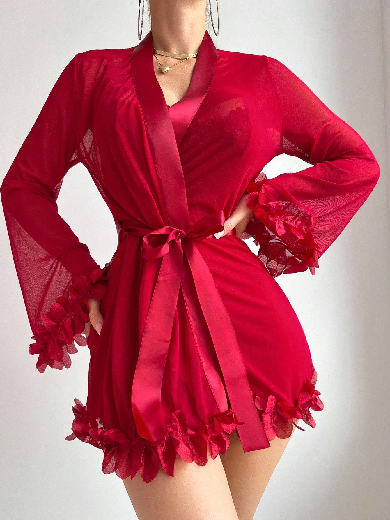 Women’s sexy lingerie set featuring a sheer lace mesh nightgown with adjustable spaghetti straps and a matching long-sleeve bell-sleeve robe with 3D floral detailing.