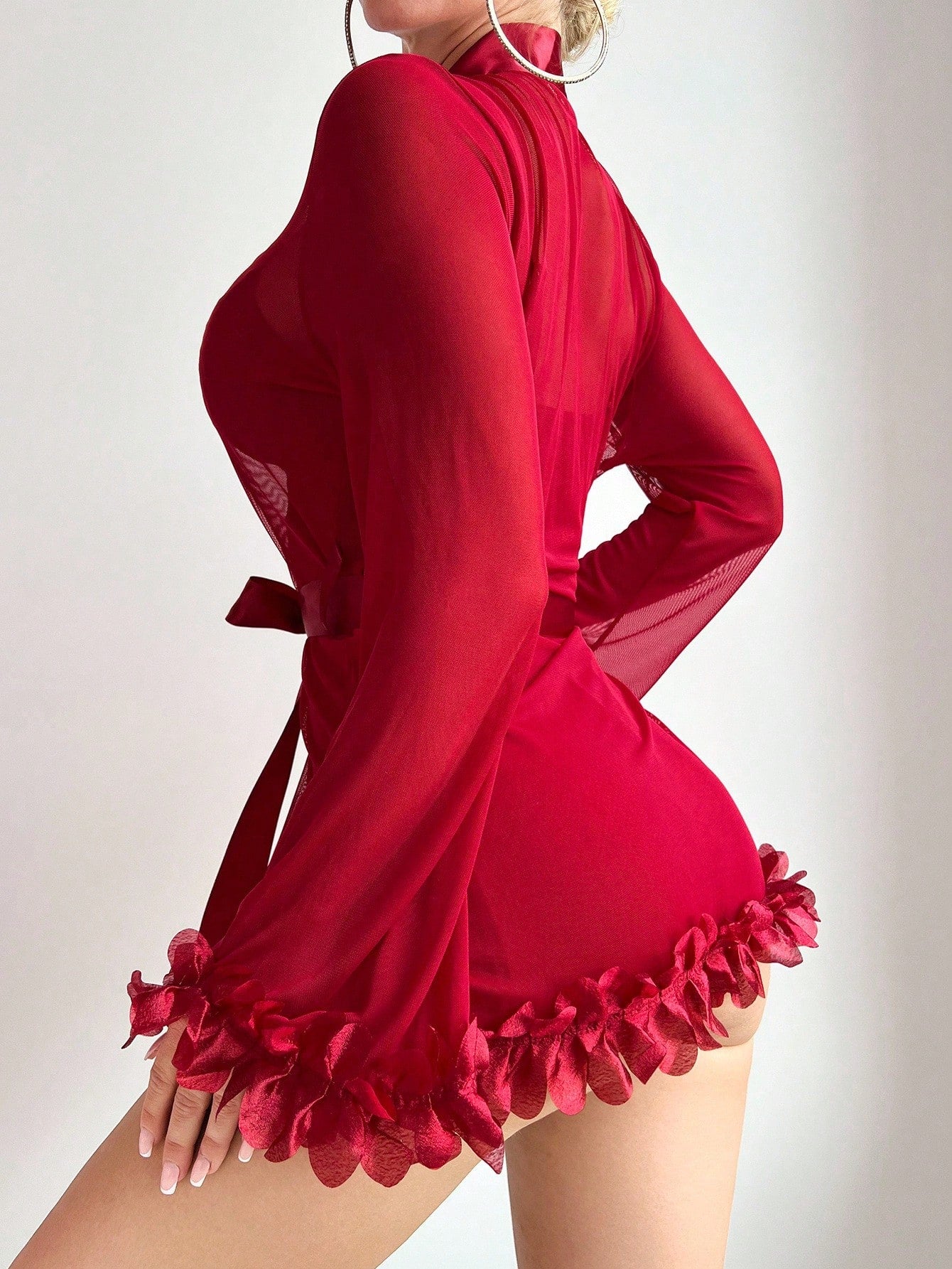 Women’s sexy lingerie set featuring a sheer lace mesh nightgown with adjustable spaghetti straps and a matching long-sleeve bell-sleeve robe with 3D floral detailing.
