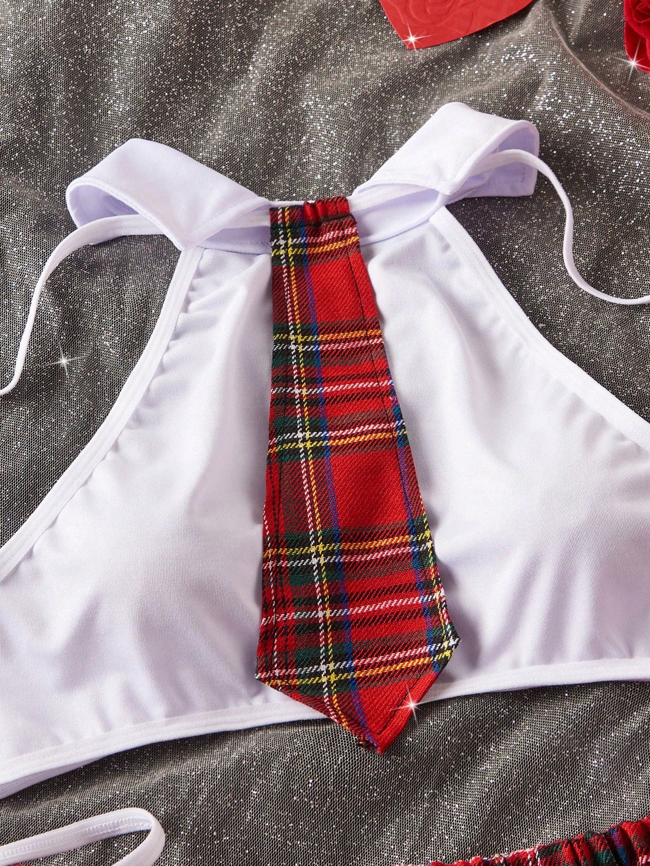 Kawaii 4pcs Plaid School Girl Role Play Halloween Costume Set, Solid Color Backless Crop Top, Slit Elastic Waist Plaid Skirt, Lace-Up G-String, Women's Sexy Lingerie Roleplay Uniform, Valentine's Day Gift