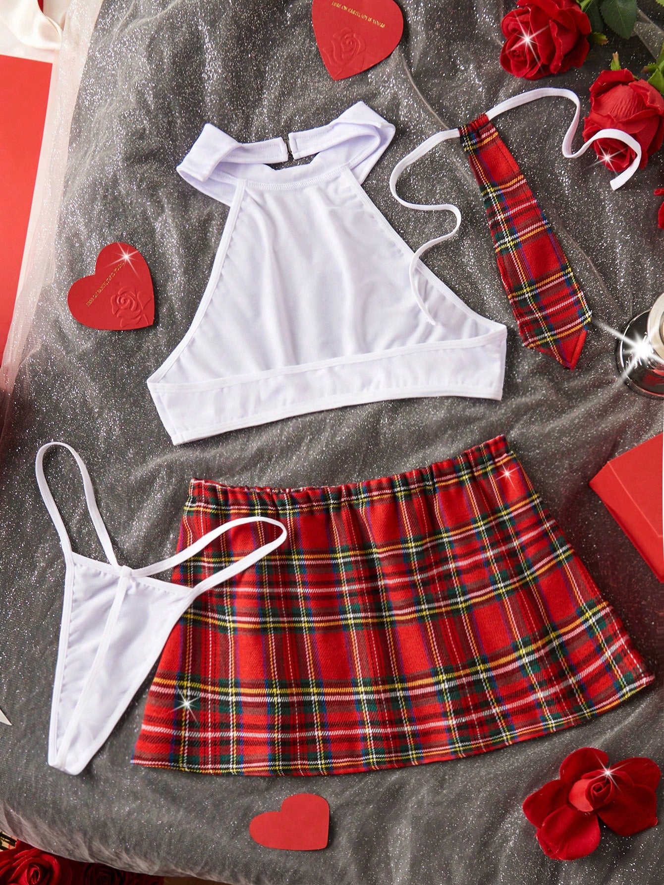 Kawaii 4pcs Plaid School Girl Role Play Halloween Costume Set, Solid Color Backless Crop Top, Slit Elastic Waist Plaid Skirt, Lace-Up G-String, Women's Sexy Lingerie Roleplay Uniform, Valentine's Day Gift