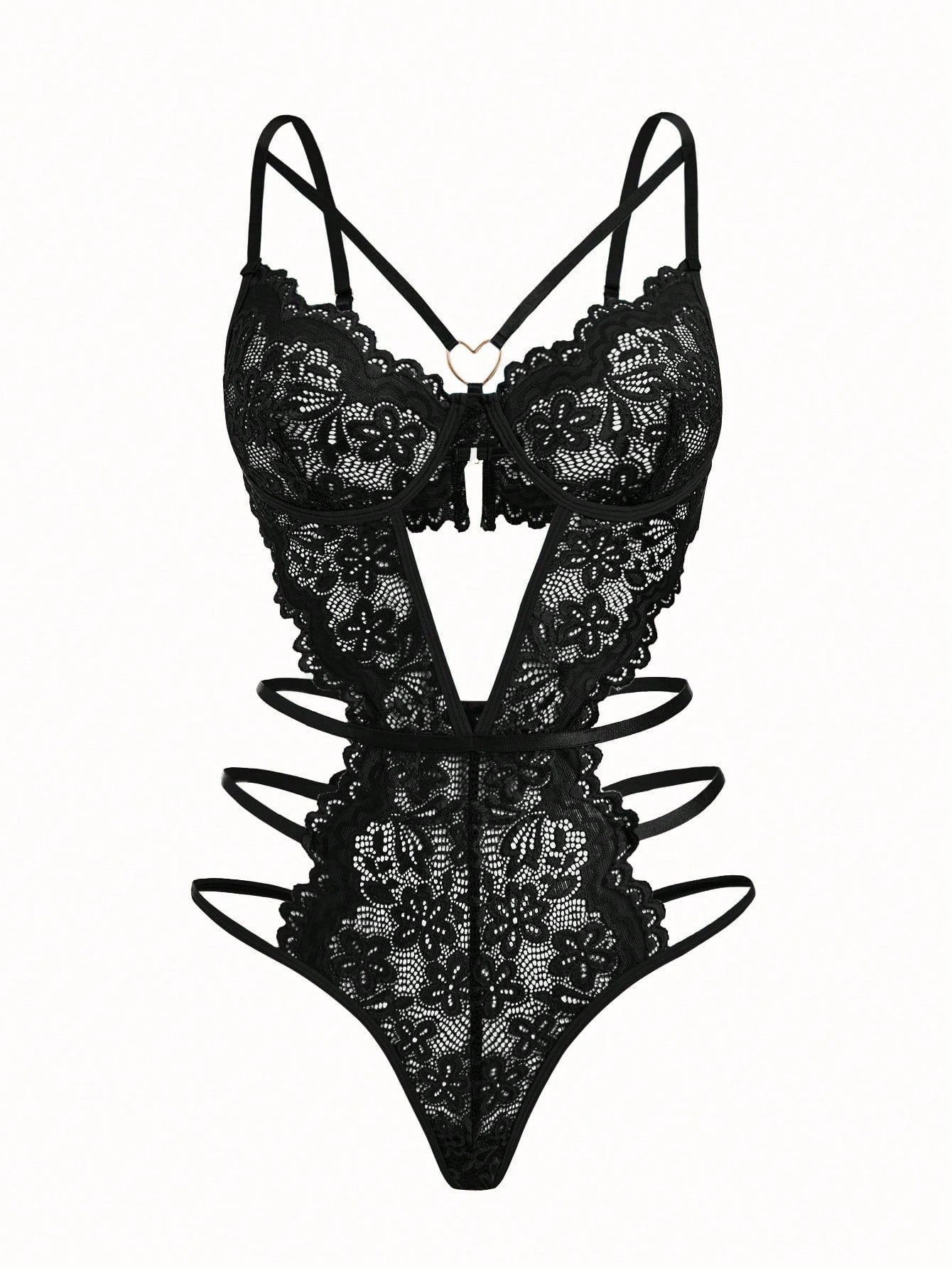 Black semi-sheer lace teddy bodysuit with hollow detailing, backless design, adjustable spaghetti straps, wireless 3/4 cups, thong back, and sleeveless cut.