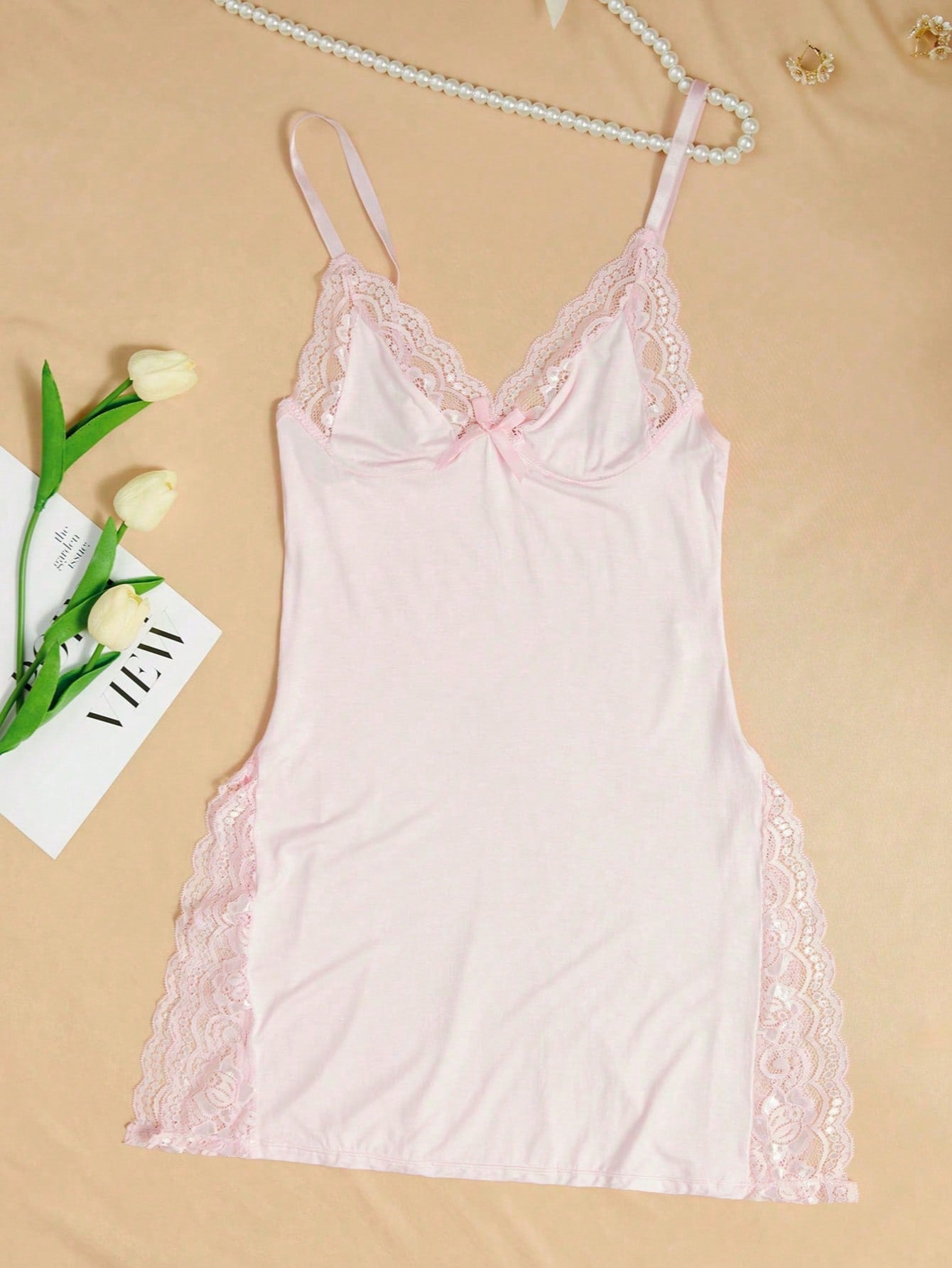 1pc Sexy Lace Trimmed Milk Silk Nightgown, Comfortable Lingerie For Going Out
