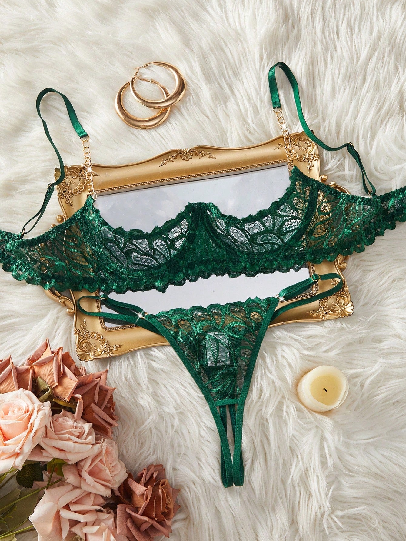 Sexy Women's Lace Underwire Bra With Decor Lingerie Set