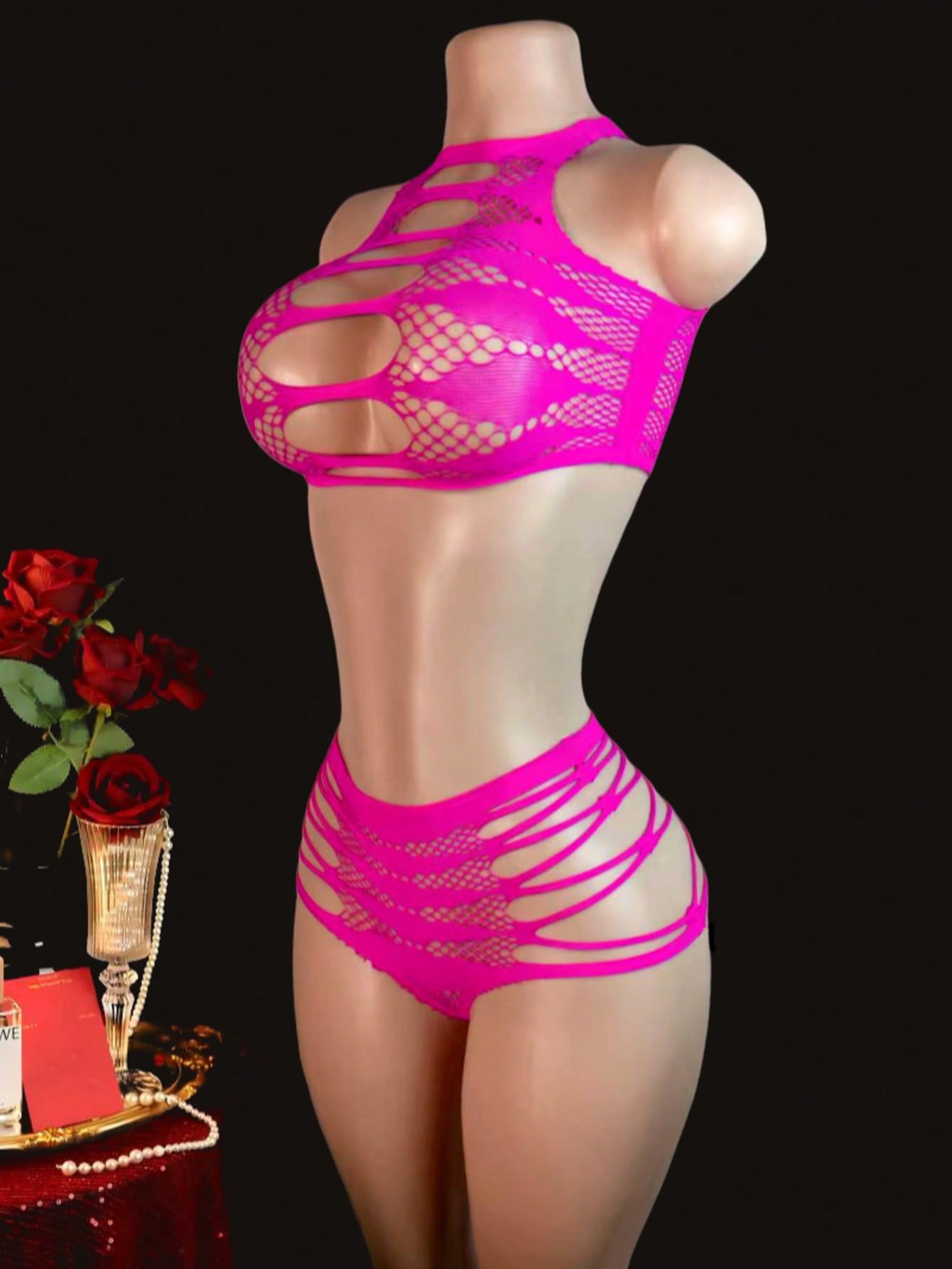 Two-piece women’s sexy lingerie set featuring a lace jumpsuit-style design with a sleeveless crop top, wireless full-cup fit, and semi-sheer high-stretch knitted fabric.
