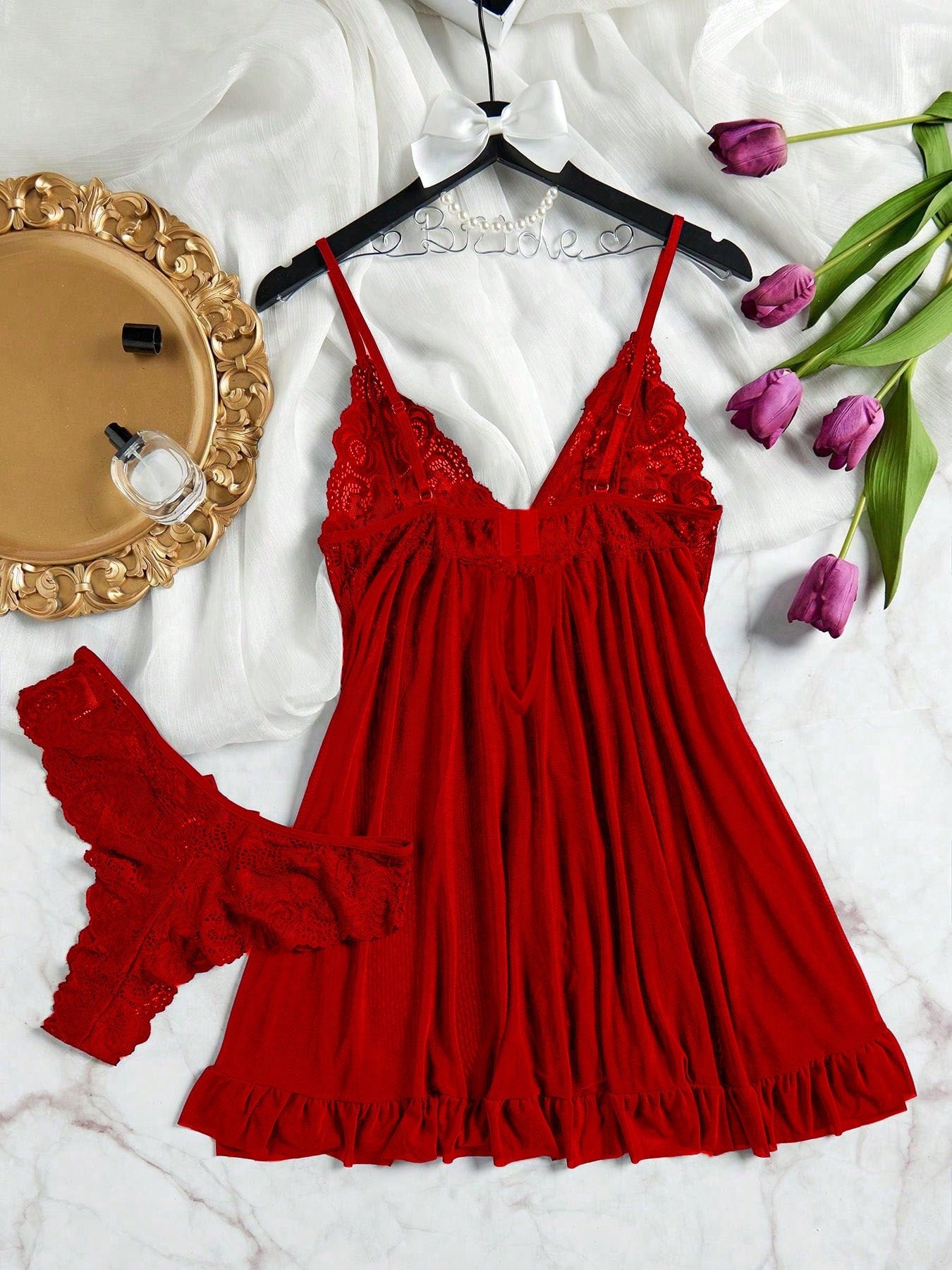 3pcs/Set Women Sexy Deep V Lace Lotus Lingerie Set, Versatile Sexy Sleepwear For Bedroom, Bathroom, Party
