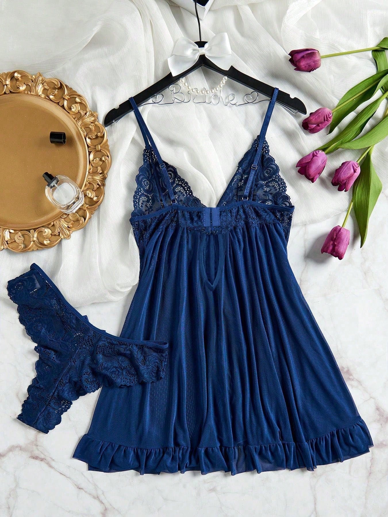 3pcs/Set Women Sexy Deep V Lace Lotus Lingerie Set, Versatile Sexy Sleepwear For Bedroom, Bathroom, Party