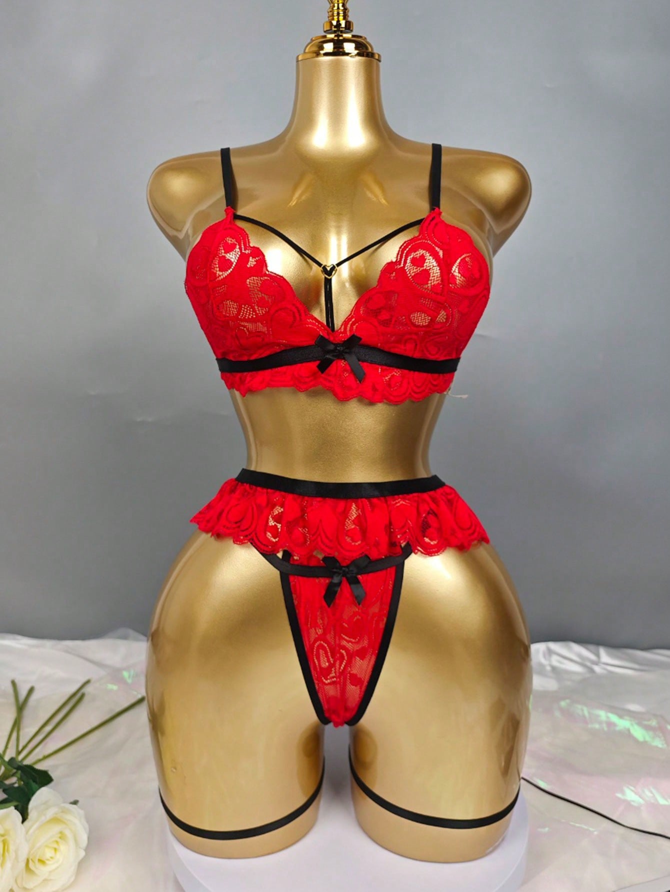 4pcs Lace Embroidery Semi-Sheer Sexy Lingerie Set, Sexy Underwear, Sexy Sleepwear, Babydoll