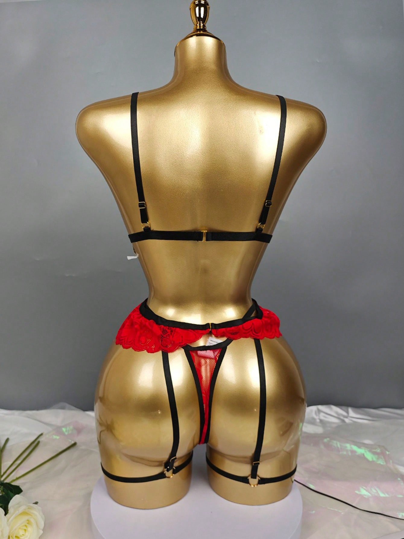 4pcs Lace Embroidery Semi-Sheer Sexy Lingerie Set, Sexy Underwear, Sexy Sleepwear, Babydoll