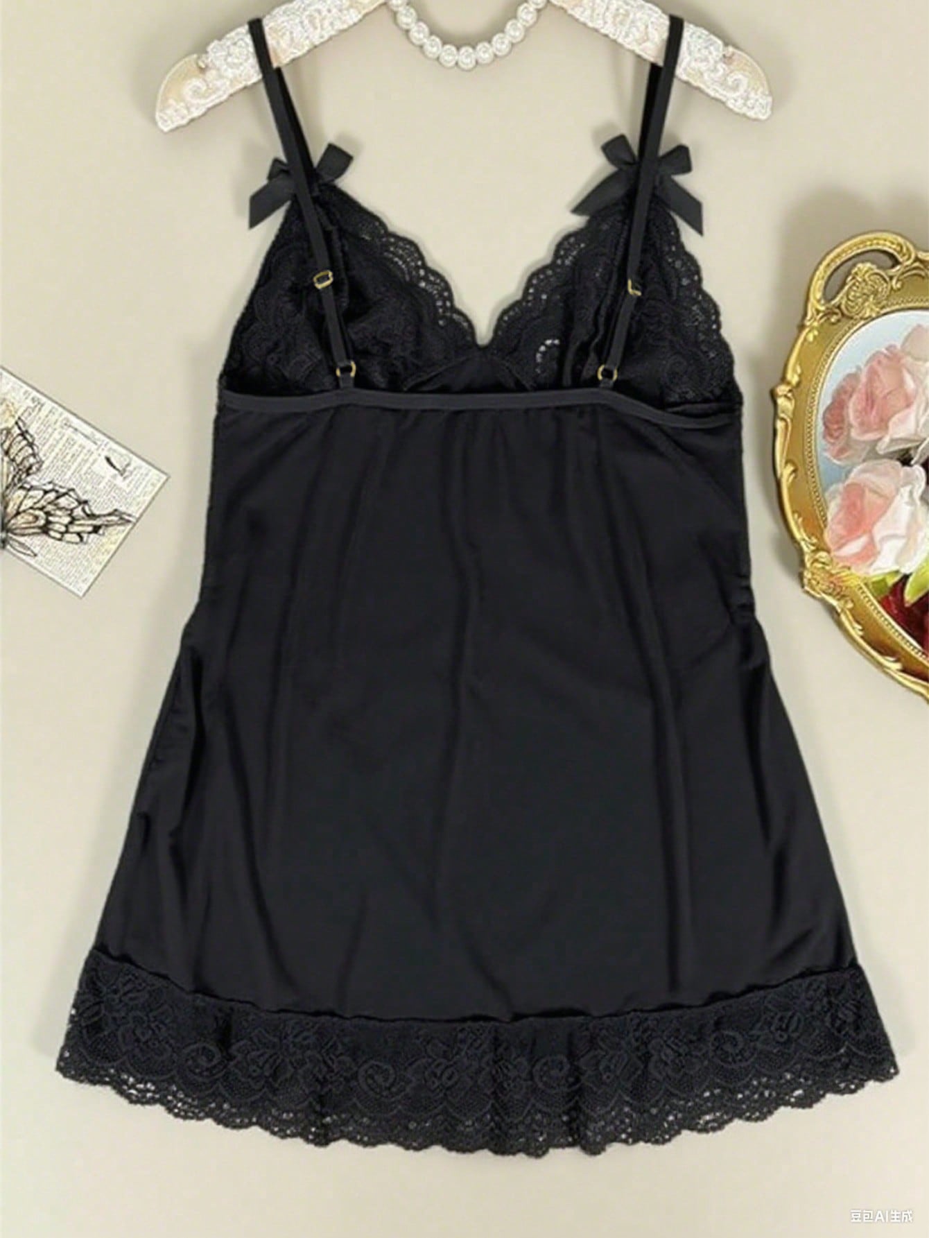 2-piece women’s lingerie set featuring a lace camisole-style mini nightdress with spaghetti straps and a matching thong, designed for loungewear, romantic occasions, and rave styling.