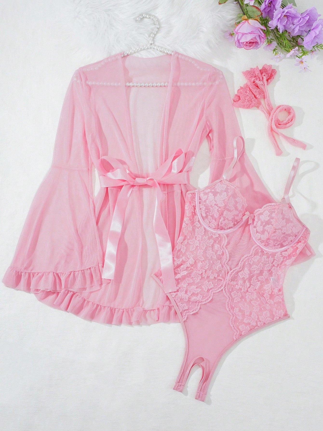 Women’s 5-piece sexy lingerie set featuring a plain slit mesh bodysuit with adjustable spaghetti straps and underwire, a long-sleeve midi robe with ruffle hem and split detail, matching belt, and two pairs of socks.