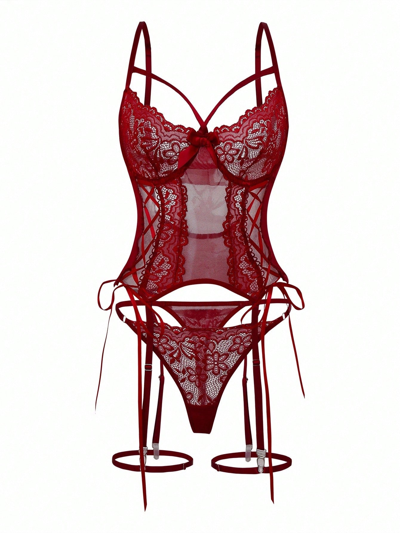 Women’s 4-piece lingerie set featuring lace and mesh panel design with tie-front detail, underwire camisole-style bra with adjustable spaghetti straps, and matching low-rise V-string panties.