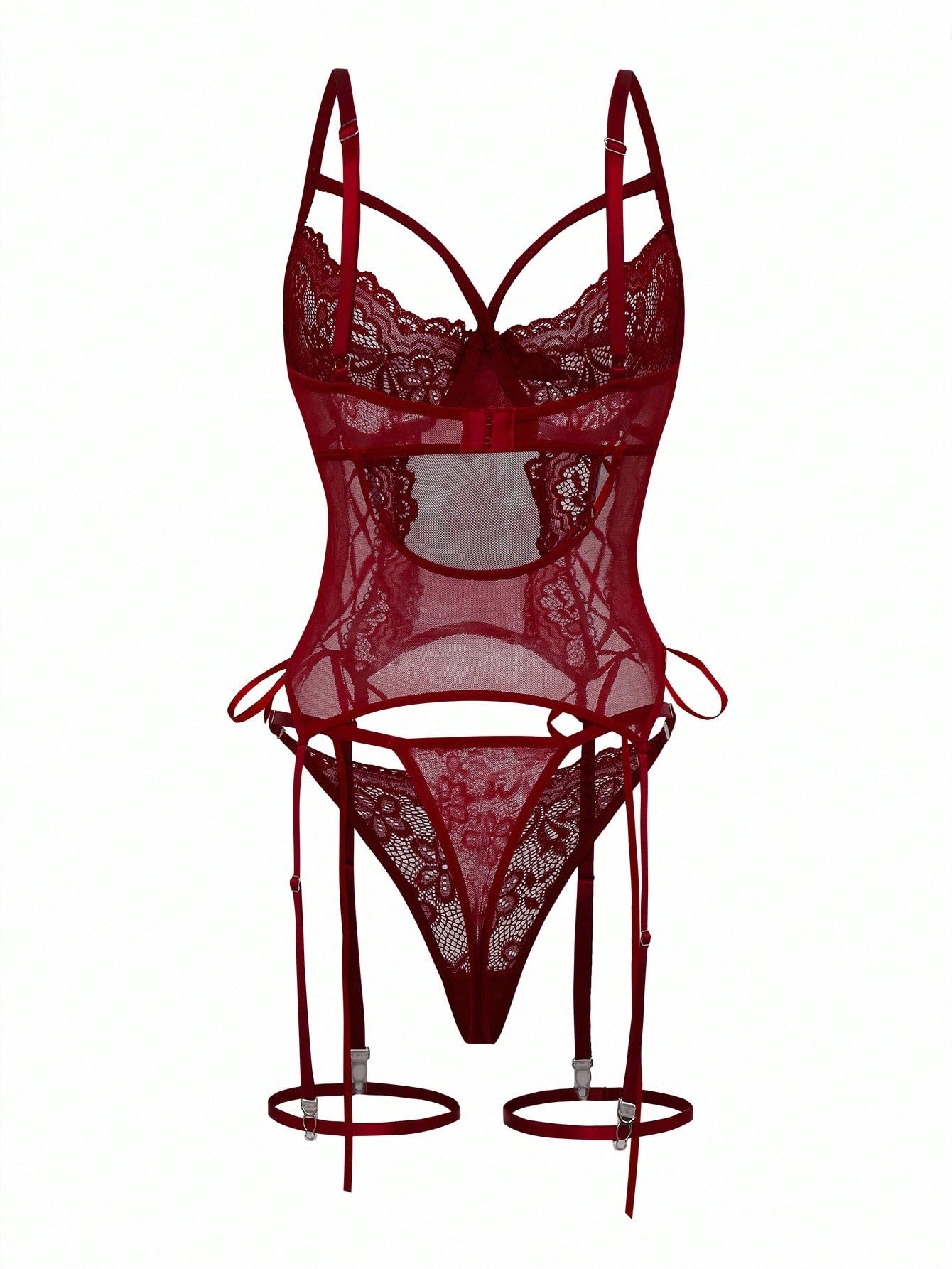 Women’s 4-piece lingerie set featuring lace and mesh panel design with tie-front detail, underwire camisole-style bra with adjustable spaghetti straps, and matching low-rise V-string panties.