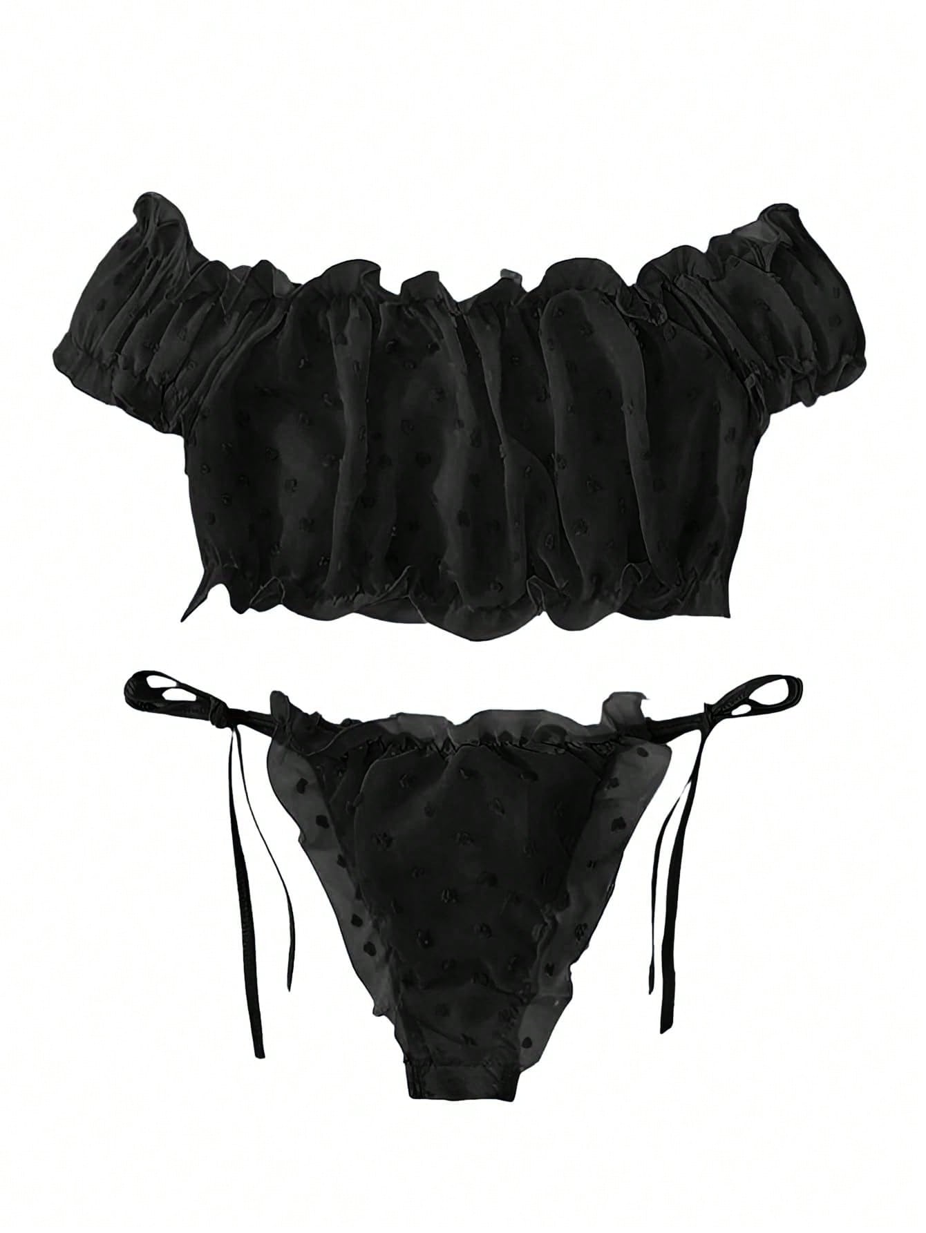 Dobby Mesh Ruffle Off-Shoulder Tie-Up Lingerie Set