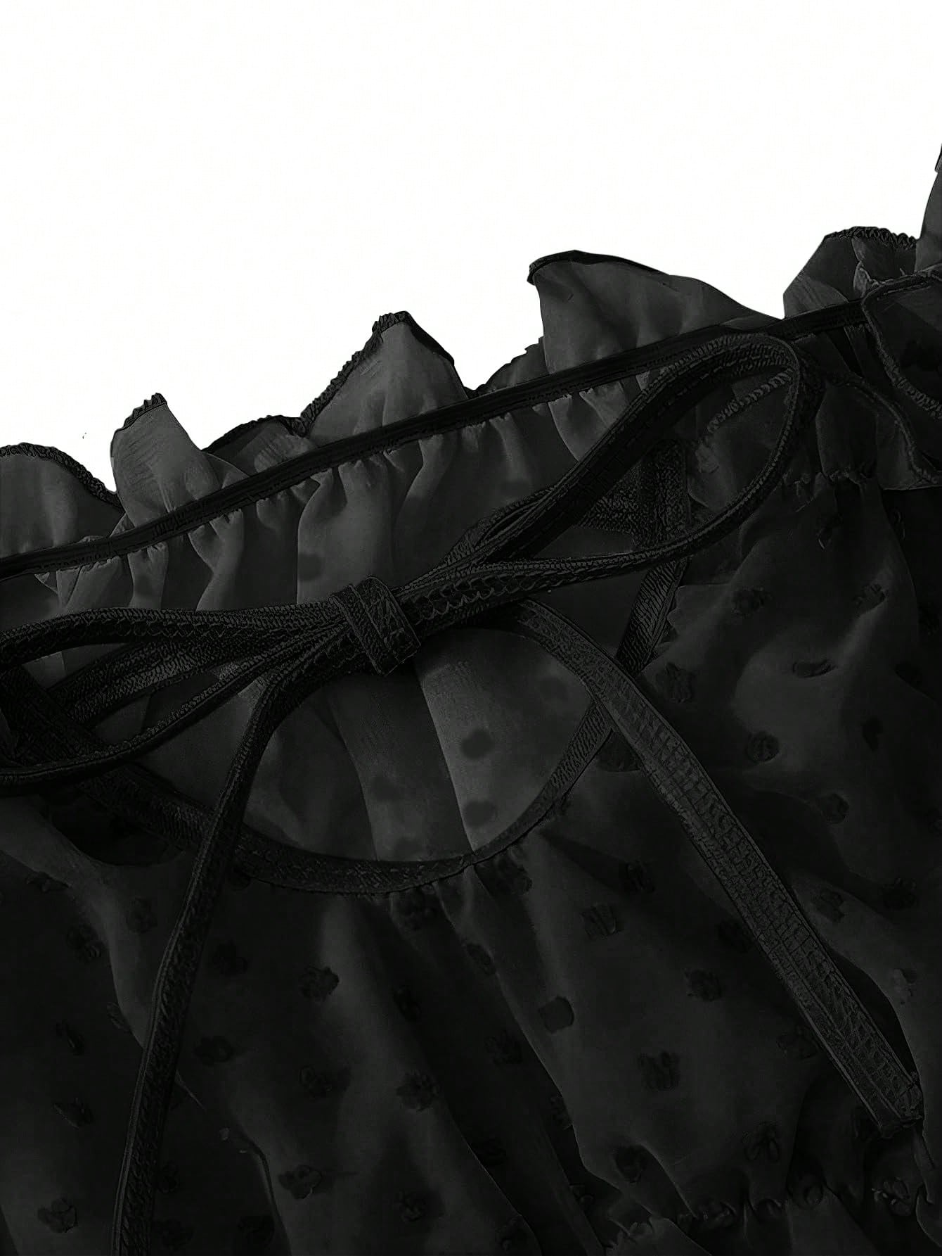 Dobby Mesh Ruffle Off-Shoulder Tie-Up Lingerie Set