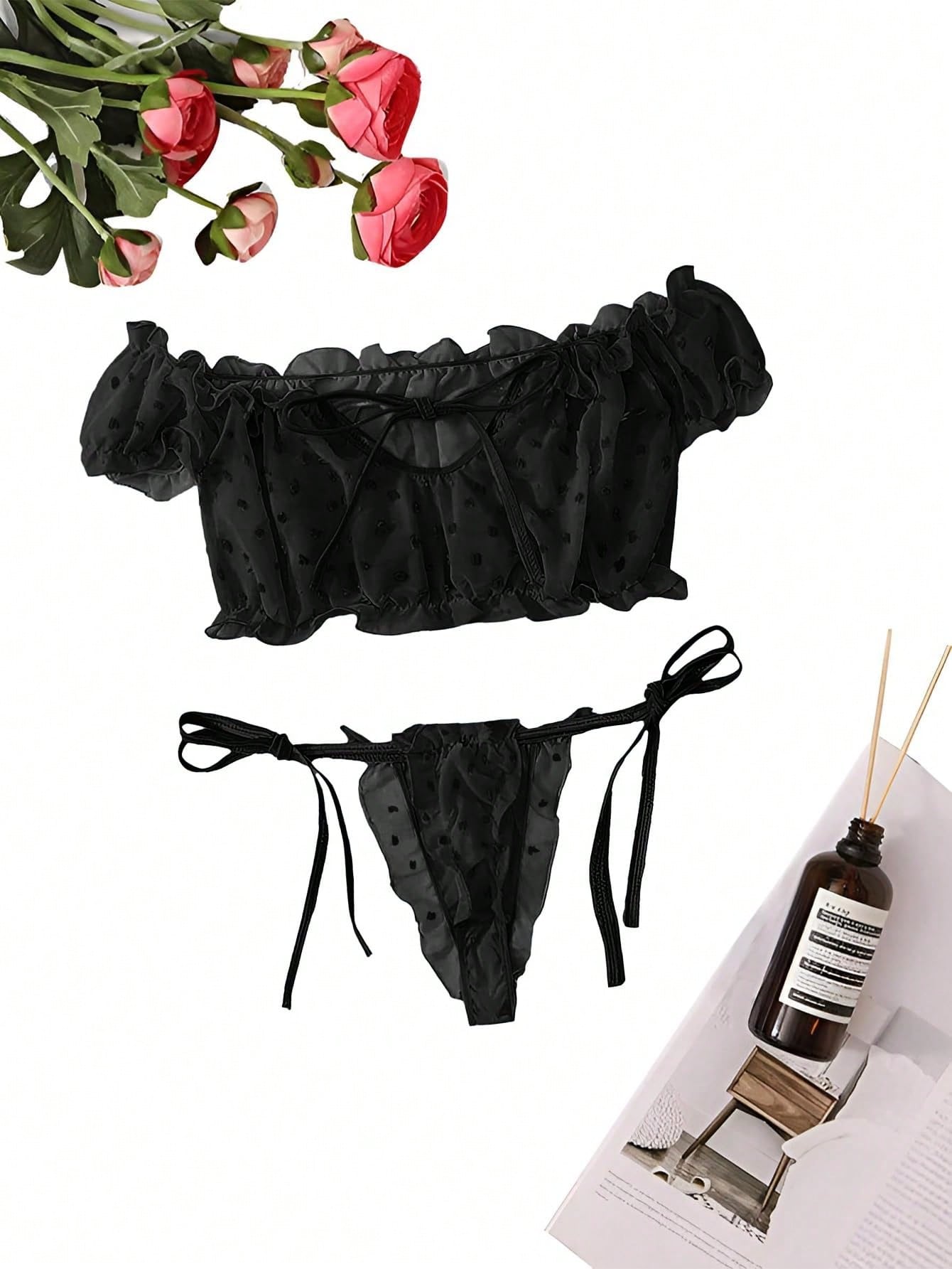 Dobby Mesh Ruffle Off-Shoulder Tie-Up Lingerie Set