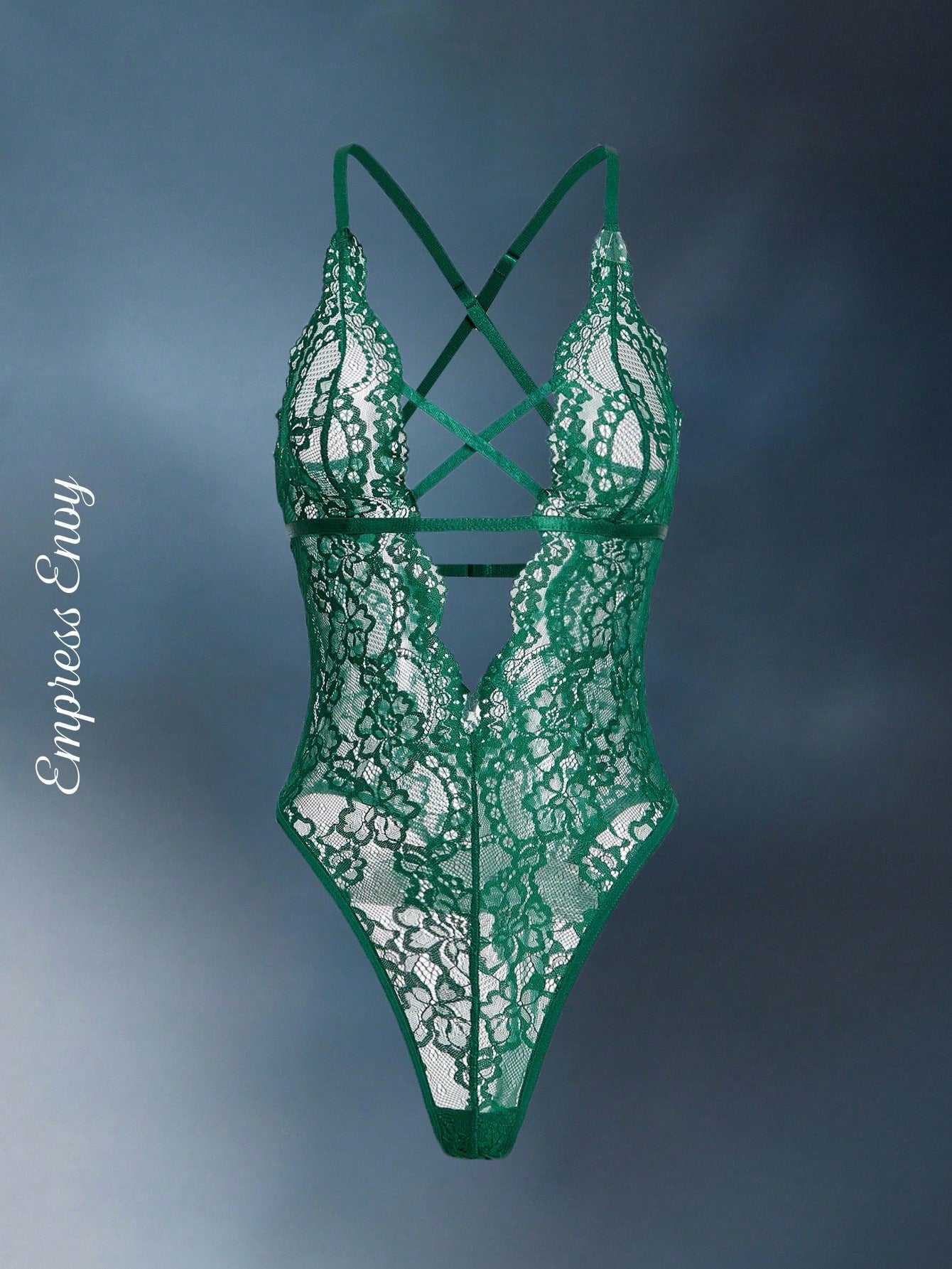 Women’s lace bodysuit featuring a criss-cross back, backless design, spaghetti straps, cut-out accents, and scalloped trim.
