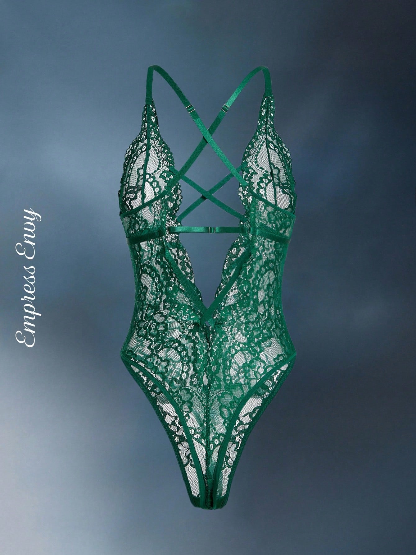 Women’s lace bodysuit featuring a criss-cross back, backless design, spaghetti straps, cut-out accents, and scalloped trim.