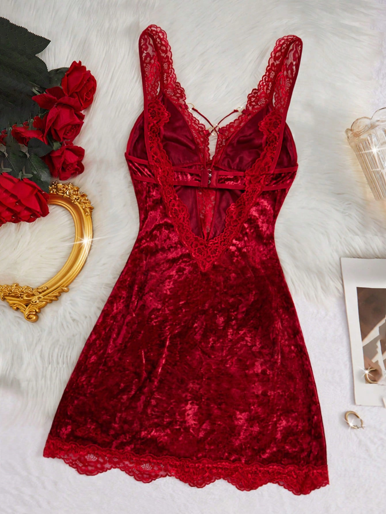 Solid Color Lace Sexy Lingerie Heroe Splicing Velvet Nightgown Deep V Backless Slit Night Dresses Fall & Fall Winter Comfortable Sleep Dress