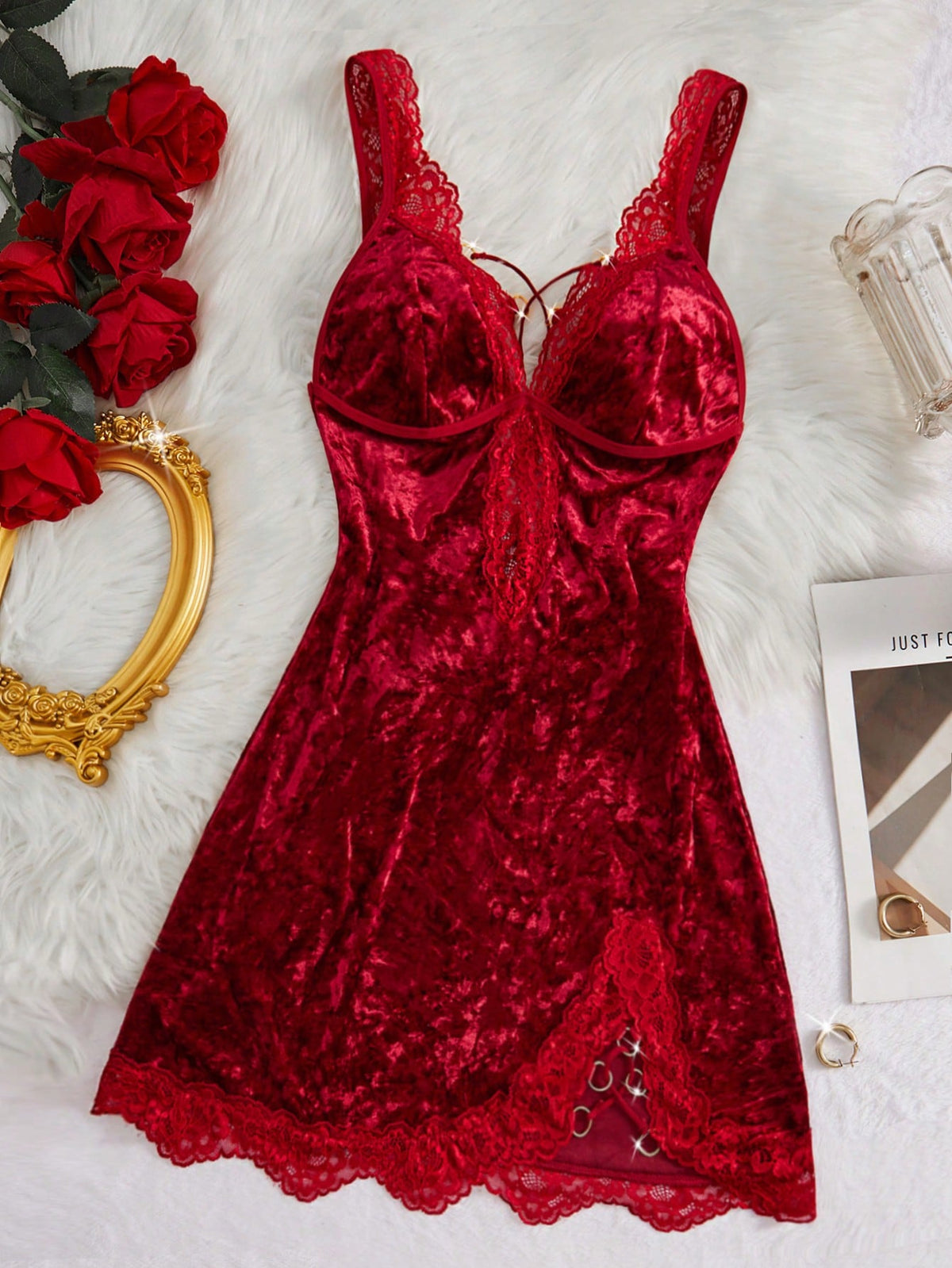 Solid Color Lace Sexy Lingerie Heroe Splicing Velvet Nightgown Deep V Backless Slit Night Dresses Fall & Fall Winter Comfortable Sleep Dress