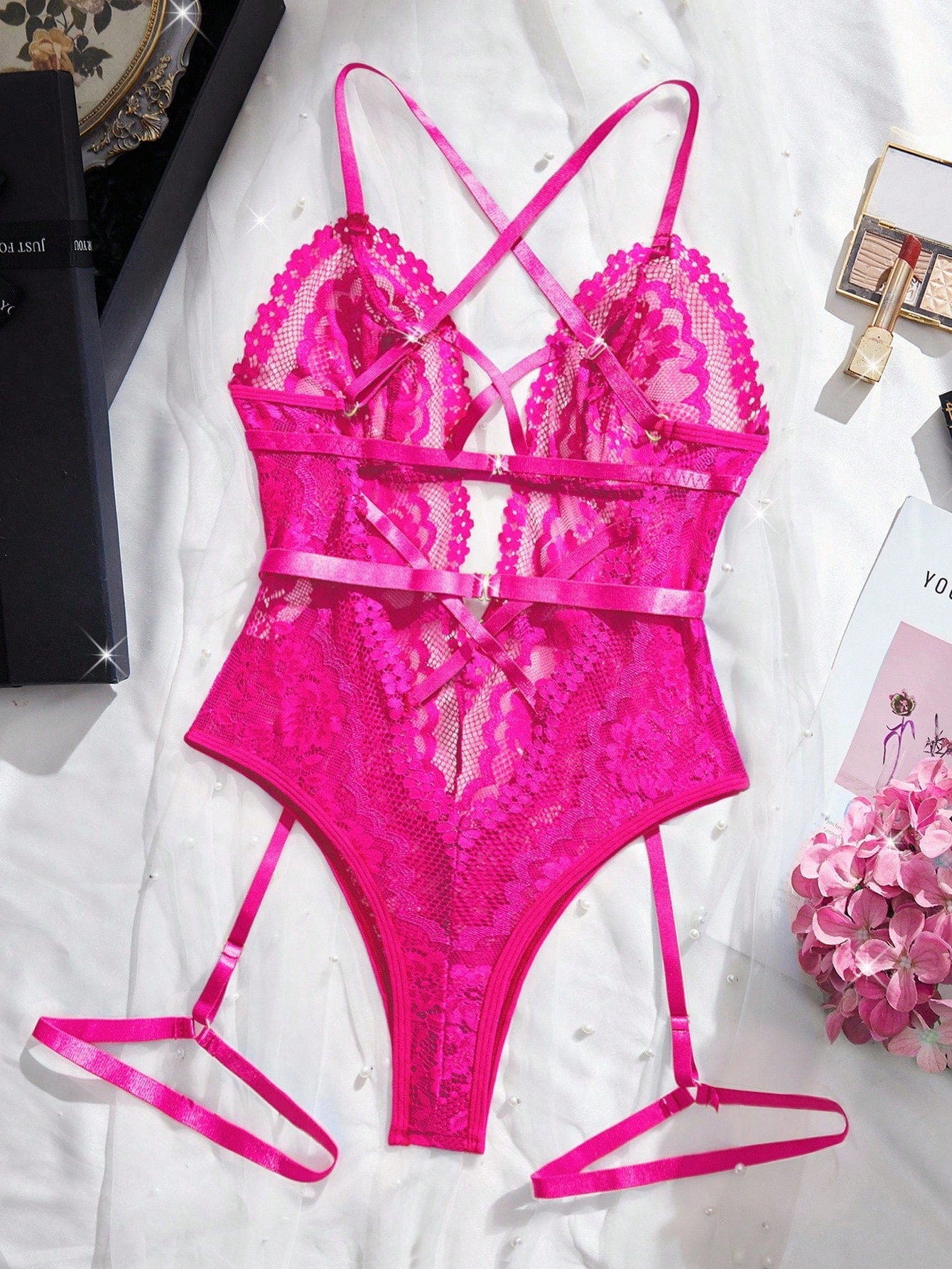 1 Set Lace Sexy Bodysuit + Garter Belt For Women