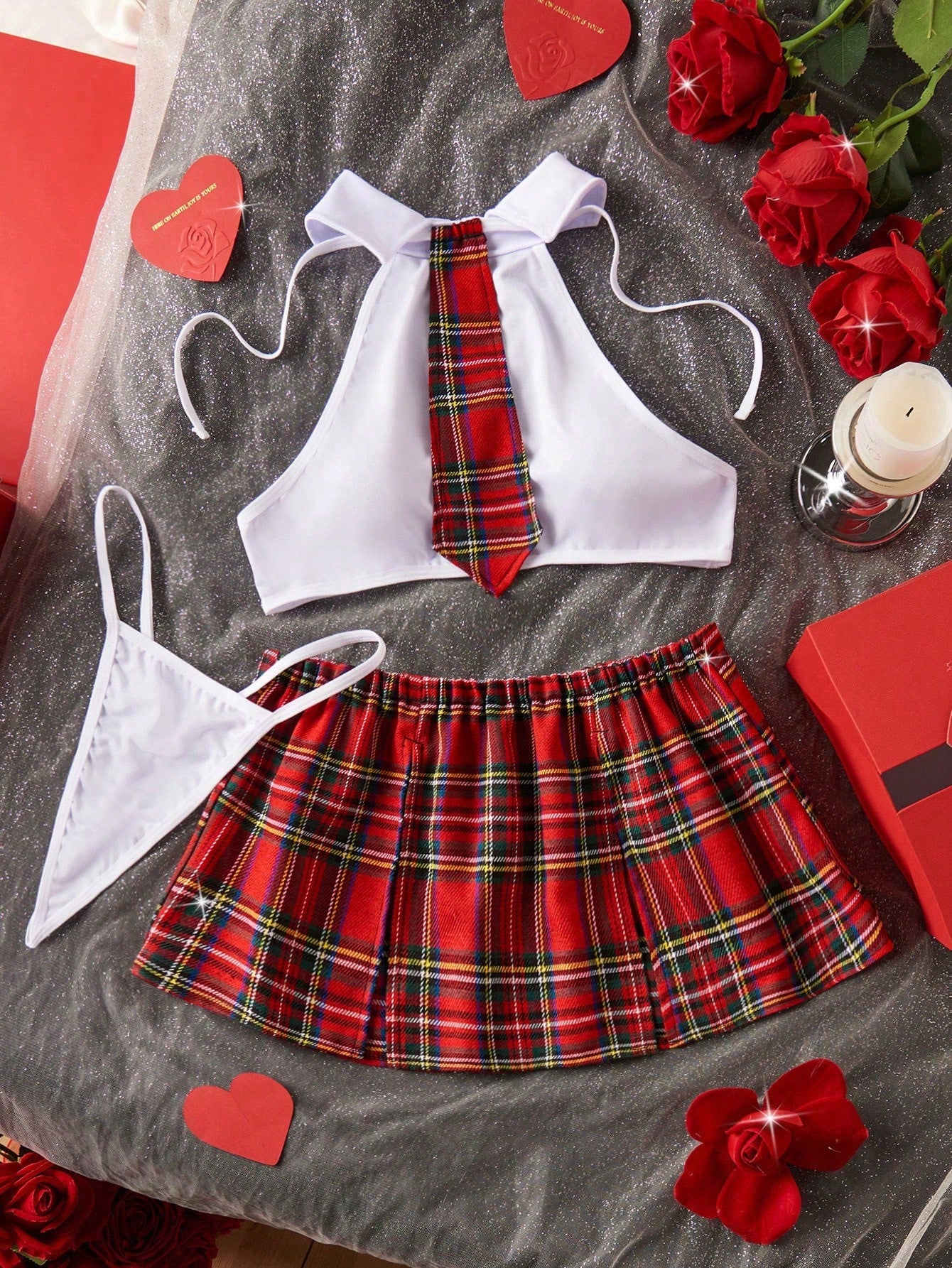 Kawaii 4pcs Plaid School Girl Role Play Halloween Costume Set, Solid Color Backless Crop Top, Slit Elastic Waist Plaid Skirt, Lace-Up G-String, Women's Sexy Lingerie Roleplay Uniform, Valentine's Day Gift