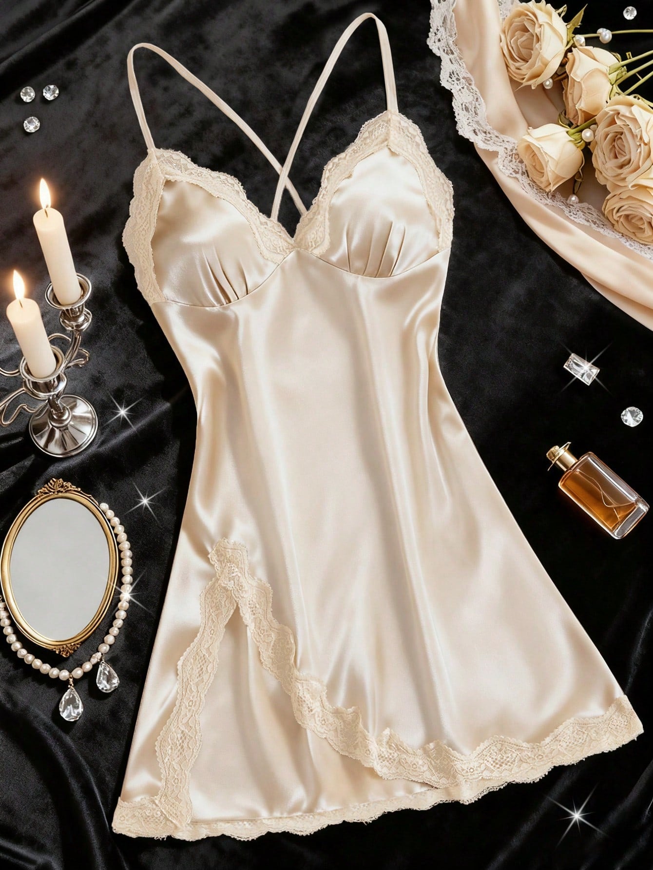 Women's Nightgown, Mature Floral Print Satin Lace Trim Sleepwear Dress, V-Neck Criss-Cross Open Back Spaghetti Strap Slip Dress, Comfortable Robe