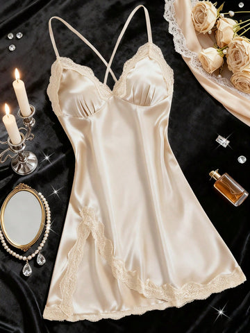 Women's Nightgown, Mature Floral Print Satin Lace Trim Sleepwear Dress, V-Neck Criss-Cross Open Back Spaghetti Strap Slip Dress, Comfortable Robe
