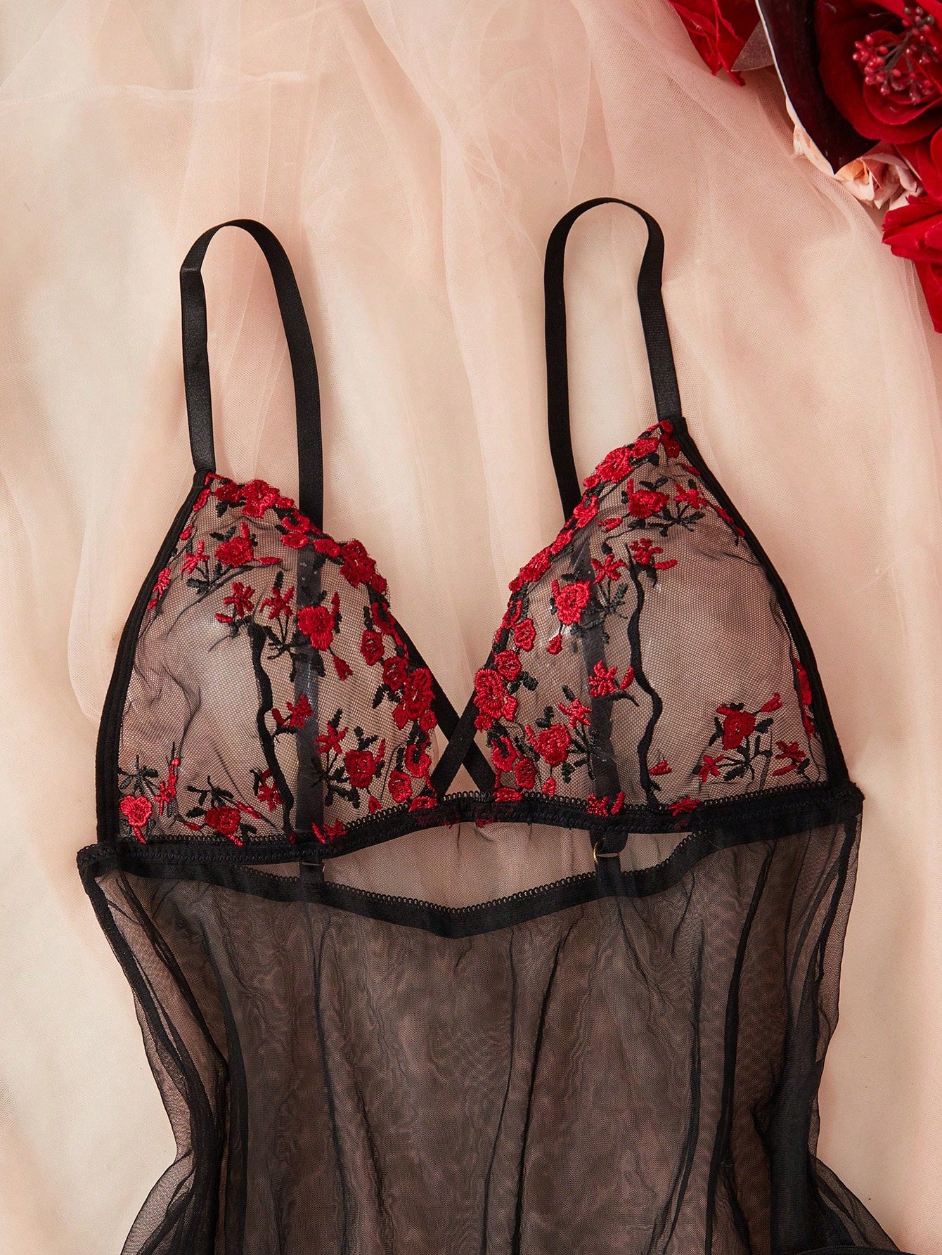 Kawaii 2pcs Women's Sexy Nightgown & Robe Set, Sheer Mesh Floral Design, Adjustable Spaghetti Straps Lingerie Dress Set