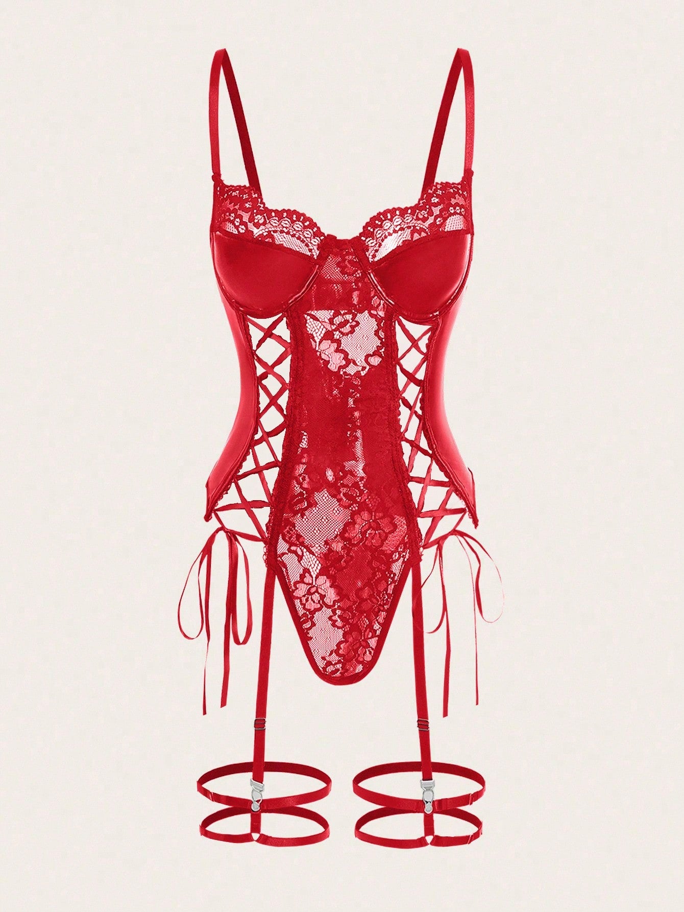 Three-piece women's goth lace bodysuit lingerie set featuring contrast lace, cut-out and lace-up details, spaghetti straps, underwire 1/2 cup, and matching high-rise thong bottoms.