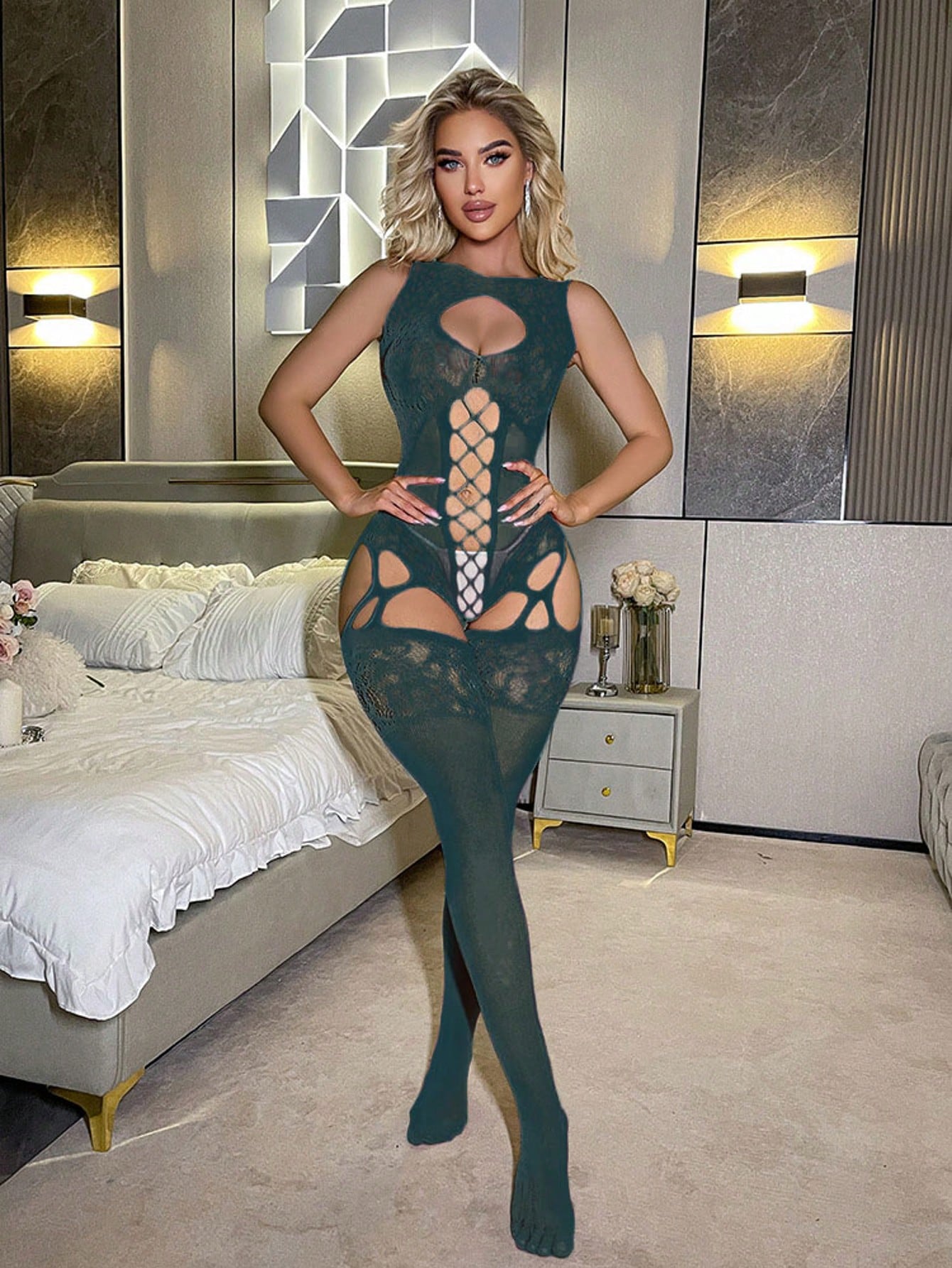 Women's off-shoulder fishnet bodysuit bikini cover up in sheer, medium-stretch fabric with a slim fit, sleeveless design, and adjustable straps.