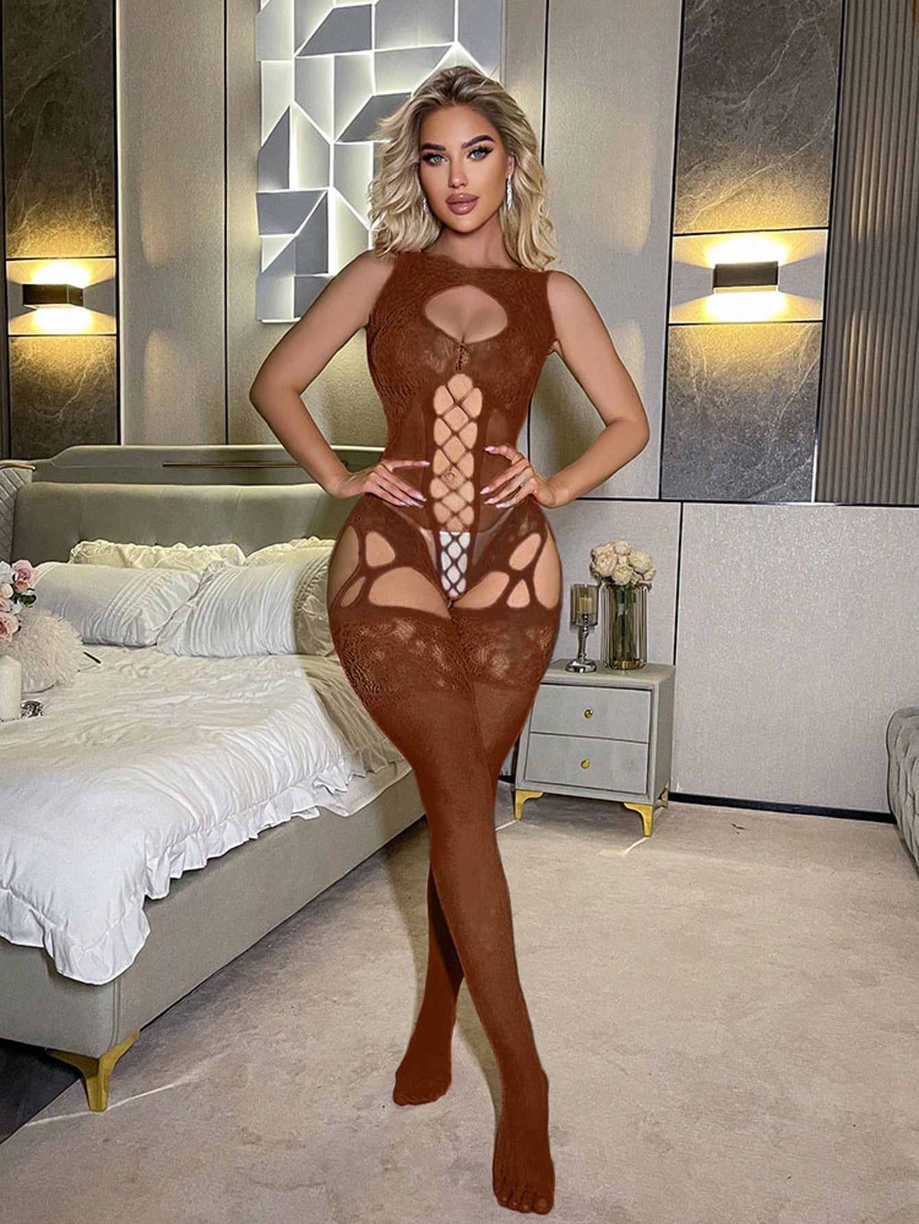 Women's off-shoulder fishnet bodysuit bikini cover up in sheer, medium-stretch fabric with a slim fit, sleeveless design, and adjustable straps.