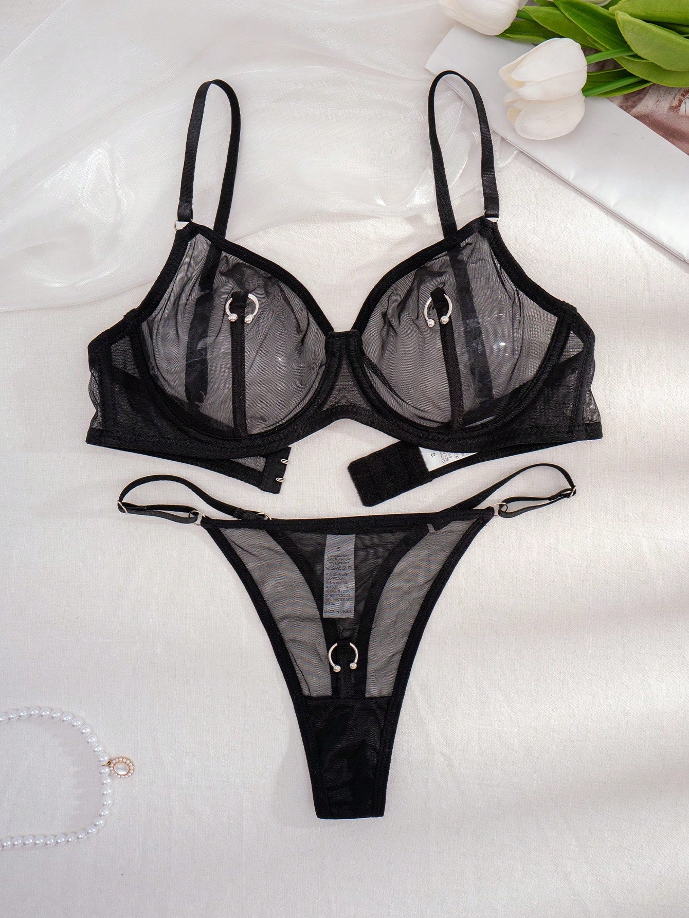Grunge Punk 1 Set Women's Solid Color Wire-Free Thin Cup Comfortable Lingerie Set