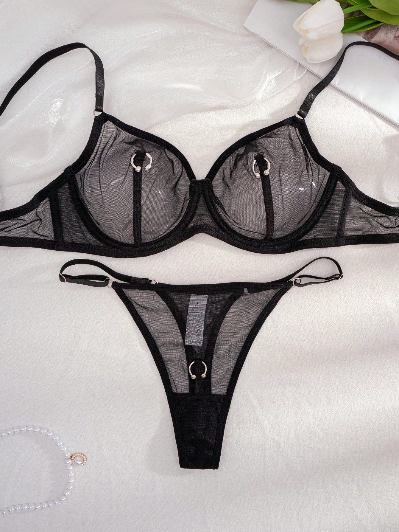 Grunge Punk 1 Set Women's Solid Color Wire-Free Thin Cup Comfortable Lingerie Set