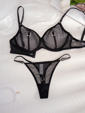 Grunge Punk 1 Set Women's Solid Color Wire-Free Thin Cup Comfortable Lingerie Set