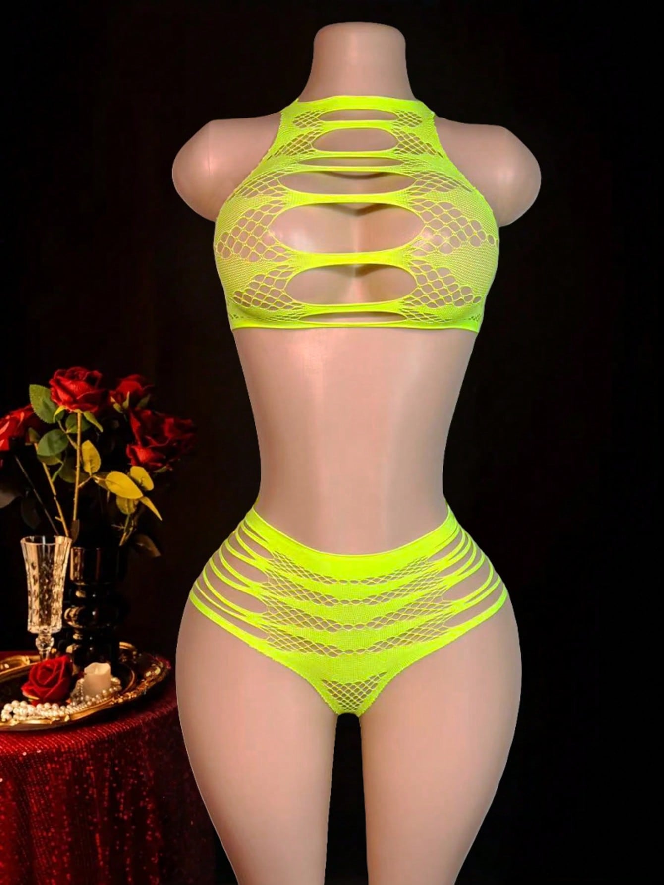 Two-piece women’s sexy lingerie set featuring a lace jumpsuit-style design with a sleeveless crop top, wireless full-cup fit, and semi-sheer high-stretch knitted fabric.