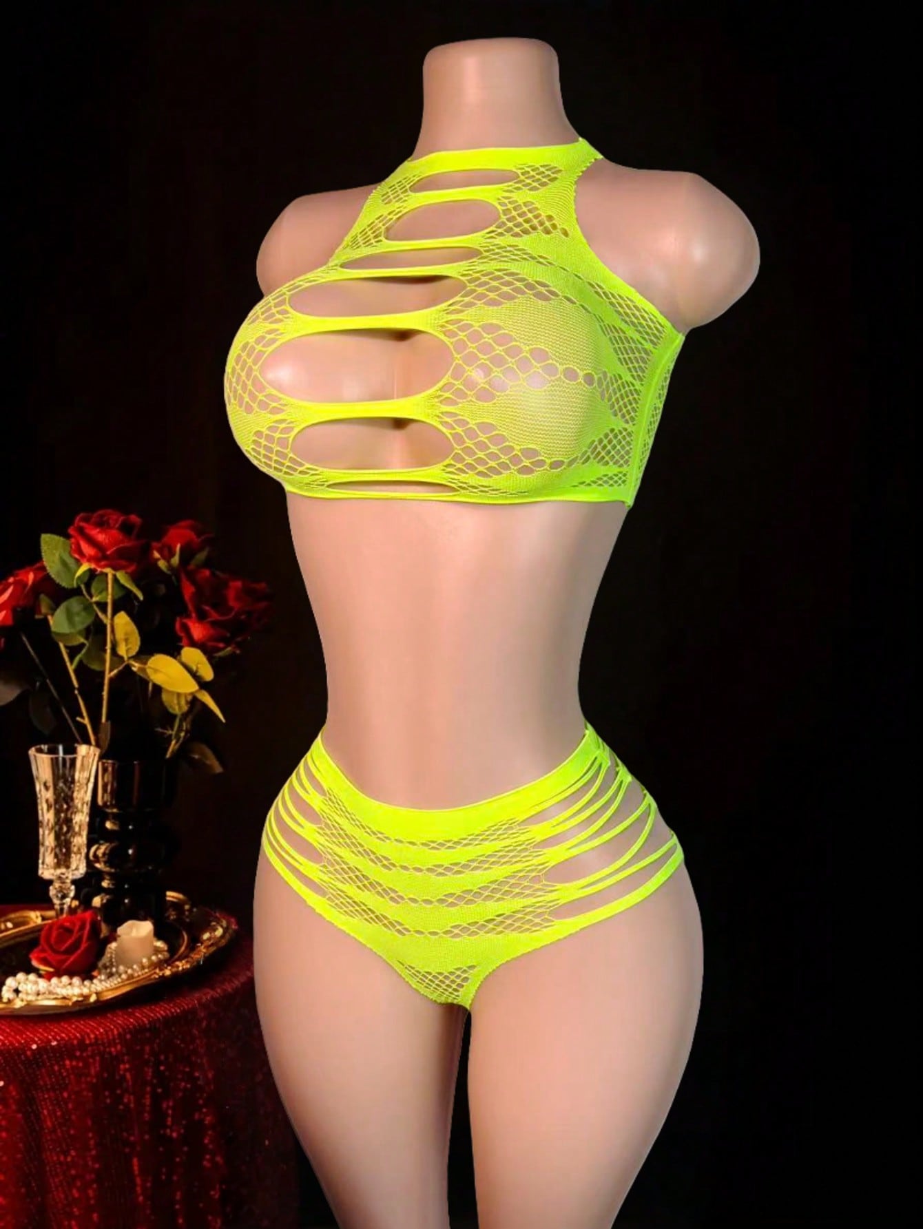 Two-piece women’s sexy lingerie set featuring a lace jumpsuit-style design with a sleeveless crop top, wireless full-cup fit, and semi-sheer high-stretch knitted fabric.