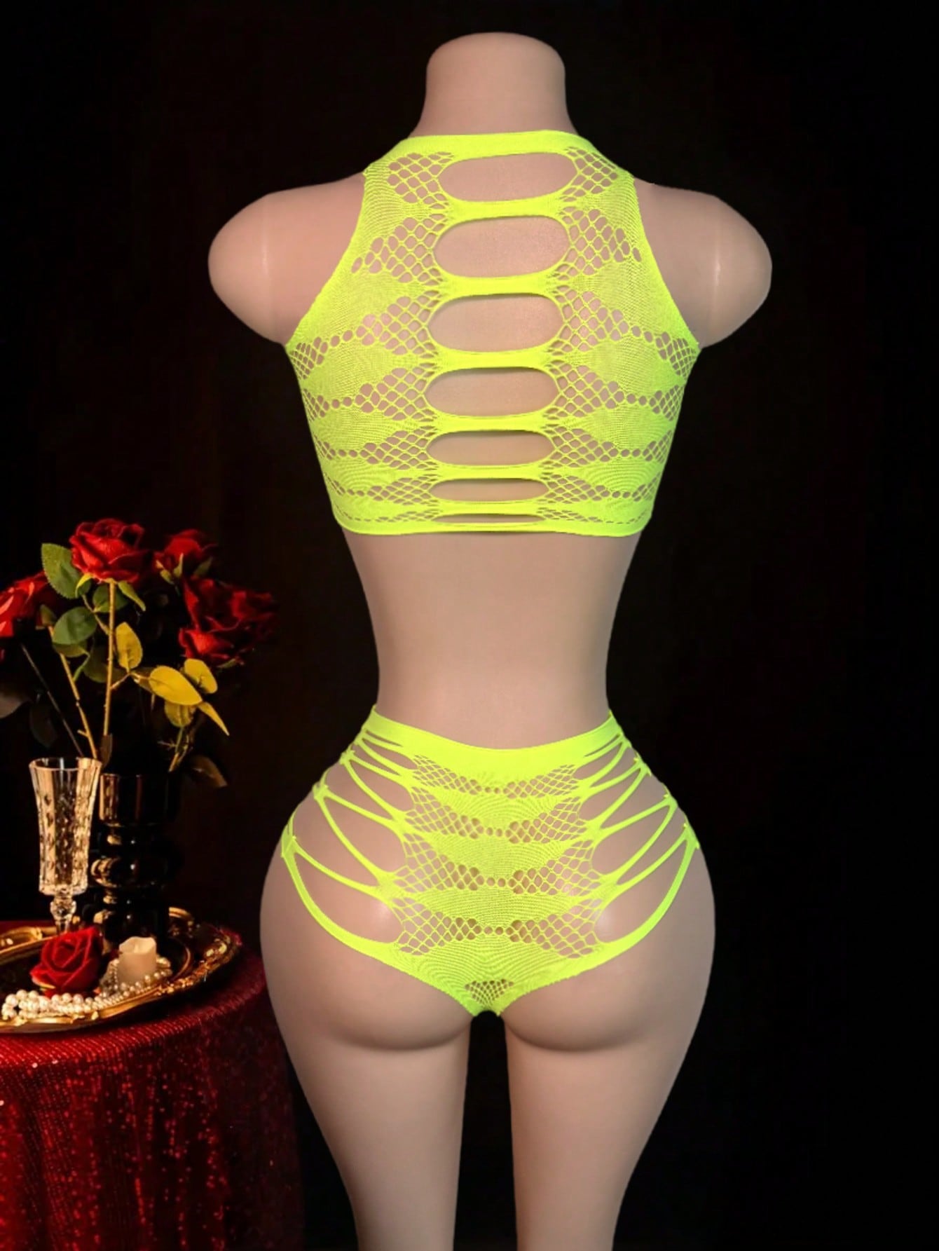 Two-piece women’s sexy lingerie set featuring a lace jumpsuit-style design with a sleeveless crop top, wireless full-cup fit, and semi-sheer high-stretch knitted fabric.