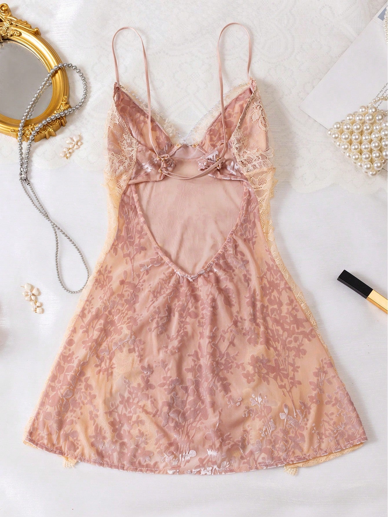 Luxurious Embroidered Velvet Satin Soft Lace Contrast Color Beaded Decor Camisole Nightgown