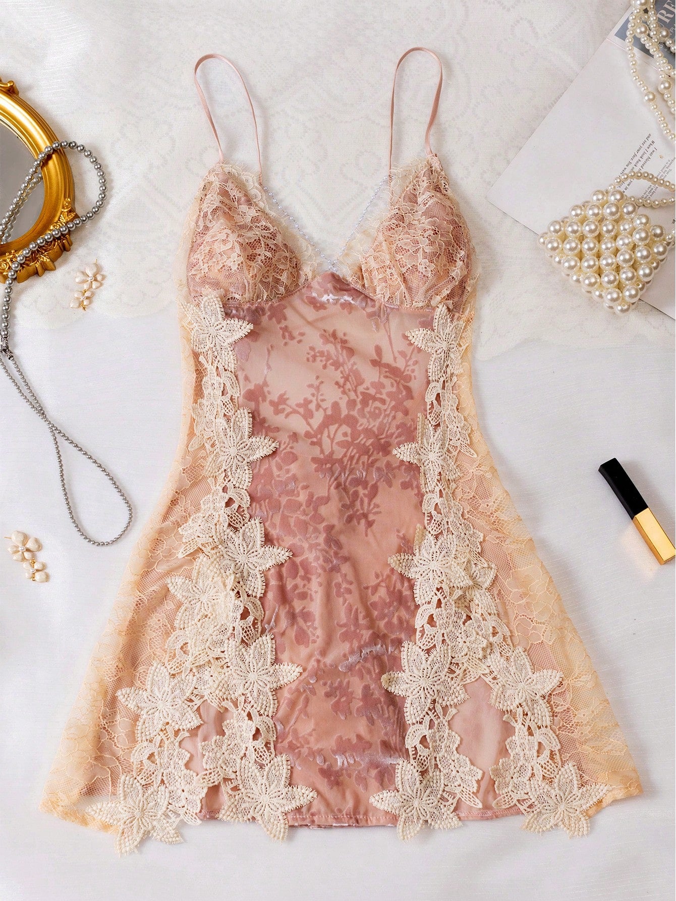 Luxurious Embroidered Velvet Satin Soft Lace Contrast Color Beaded Decor Camisole Nightgown
