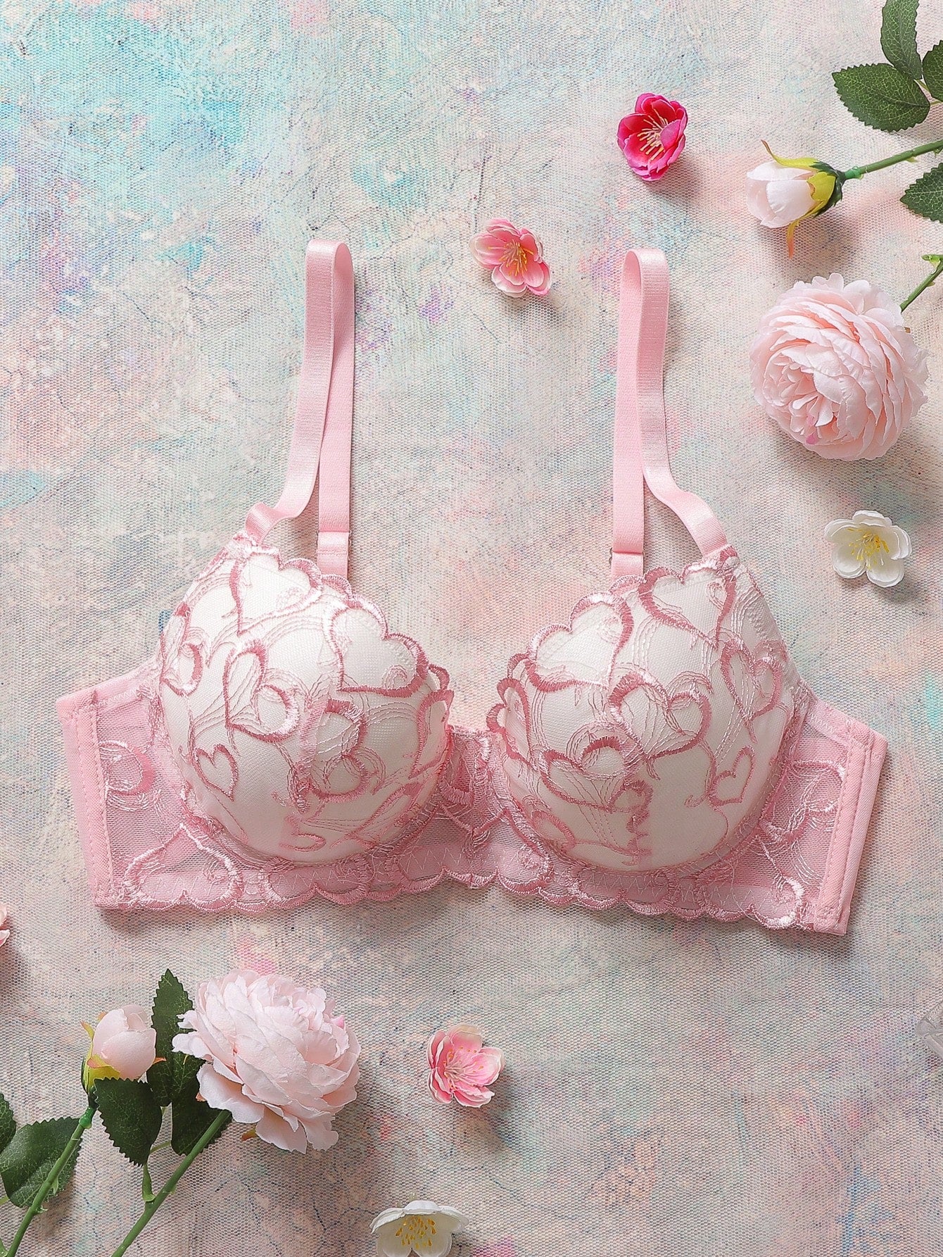 Pale Blue Underwire Bra With Embroidered Heart Pattern, High-Support, Lift And Enhance, Sweet And Cute, Elegant And Graceful Ladies Lingerie