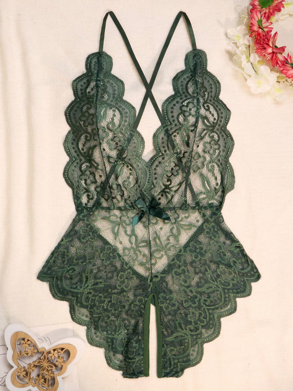 1pc Sexy Halter Neck Lace Bodysuit With Backless Design For Rave