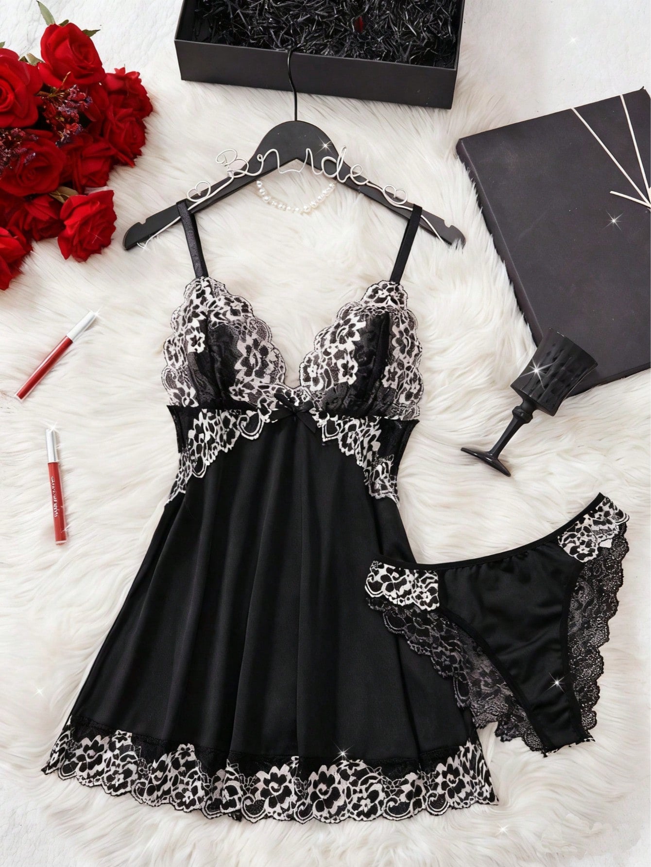 2pcs Contrast Floral Lace Sleepwear Set, V-Neck Semi-Sheer Bow Tie Nightgown And Panties, Elegant Women Pajamas