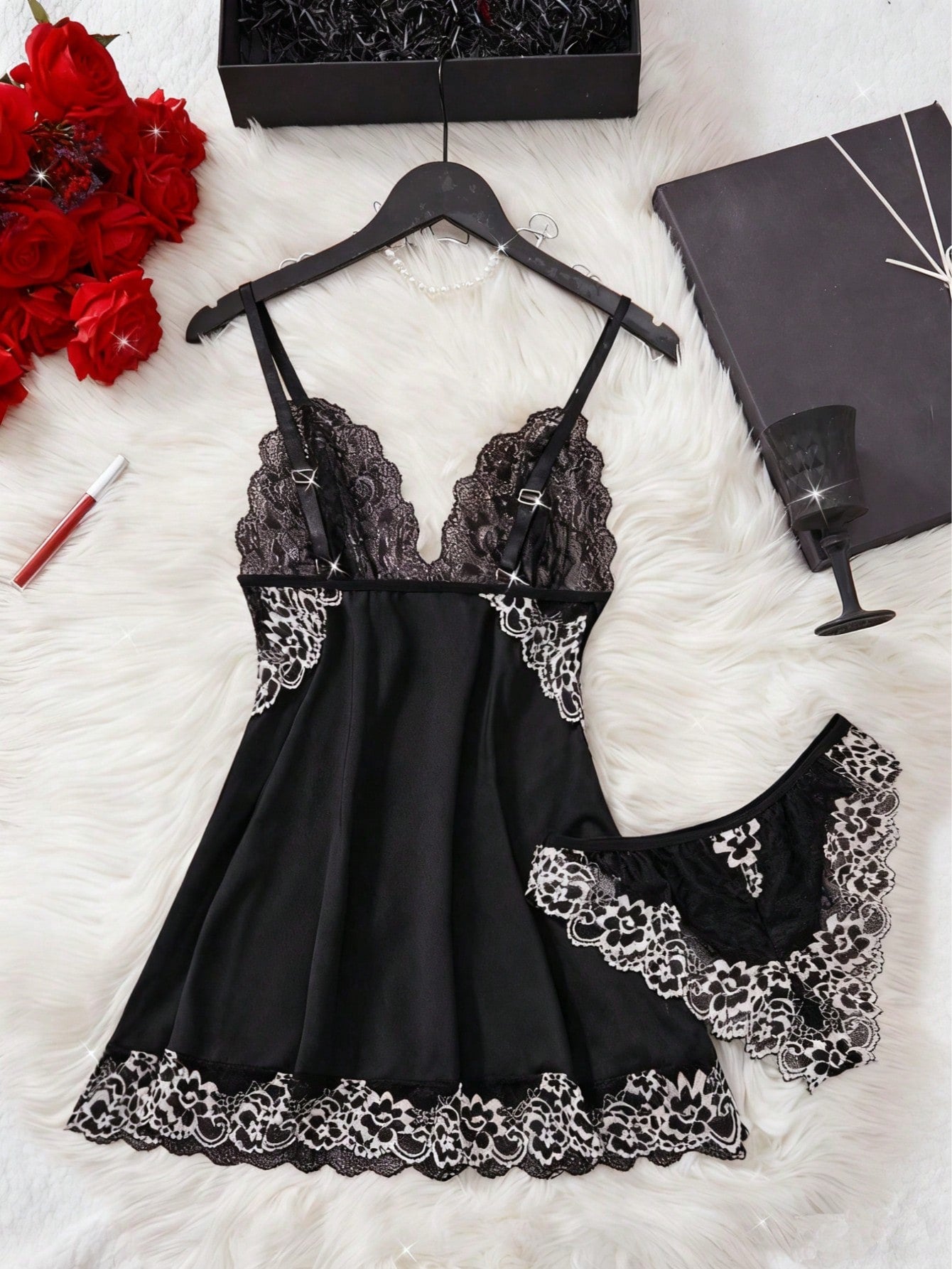 2pcs Contrast Floral Lace Sleepwear Set, V-Neck Semi-Sheer Bow Tie Nightgown And Panties, Elegant Women Pajamas