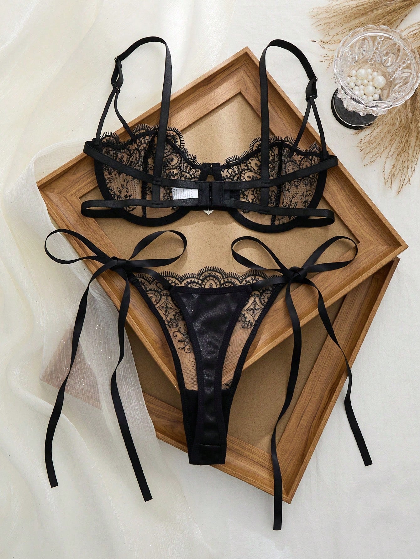 Goth EverydayBra 2pcs Women Embroidered Lace Lingerie Set, Sheer Heart-Shaped Bra And Bow Accent Panty, Comfortable Homewear Set