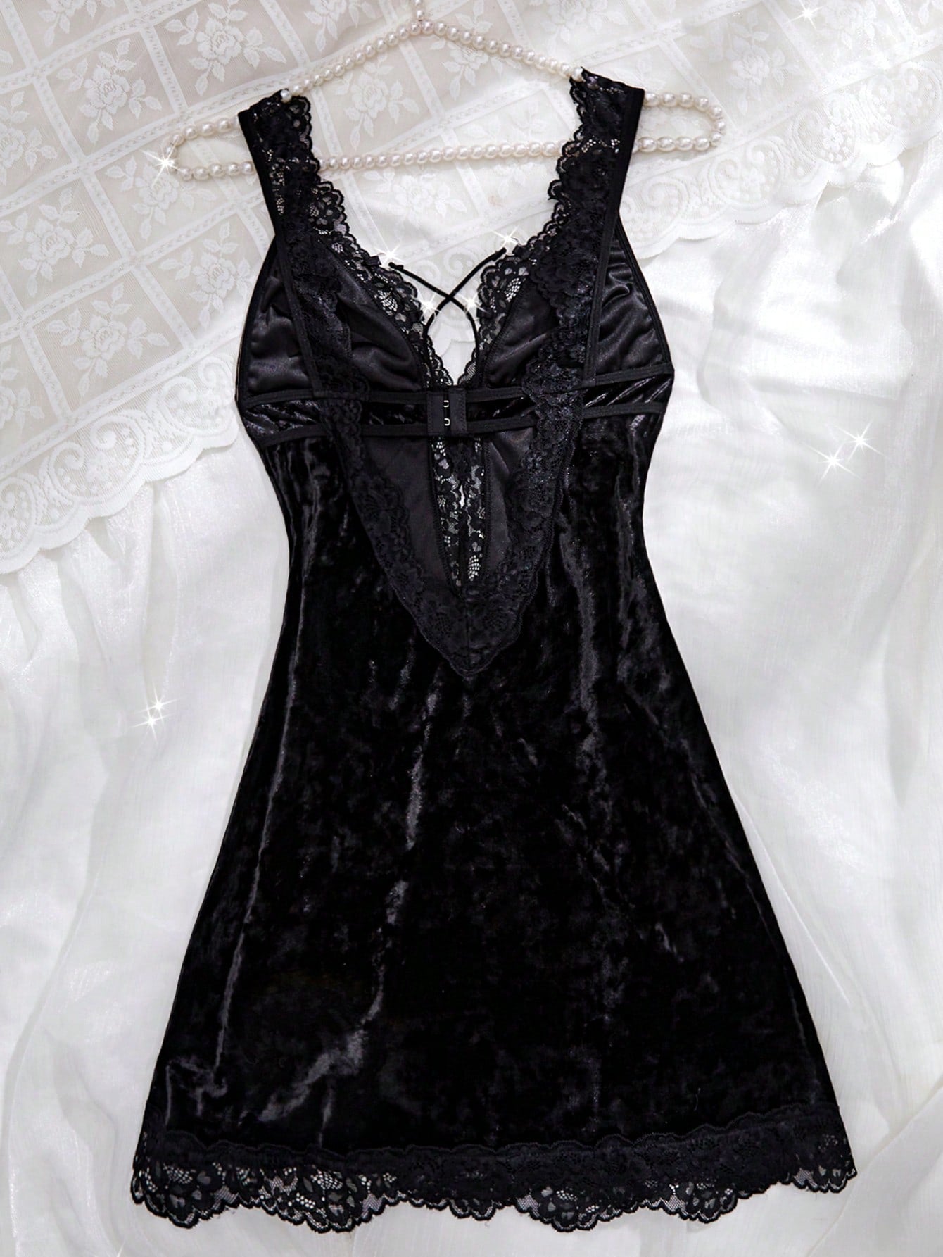 Solid Color Lace Sexy Lingerie Heroe Splicing Velvet Nightgown Deep V Backless Slit Night Dresses Fall & Fall Winter Comfortable Sleep Dress
