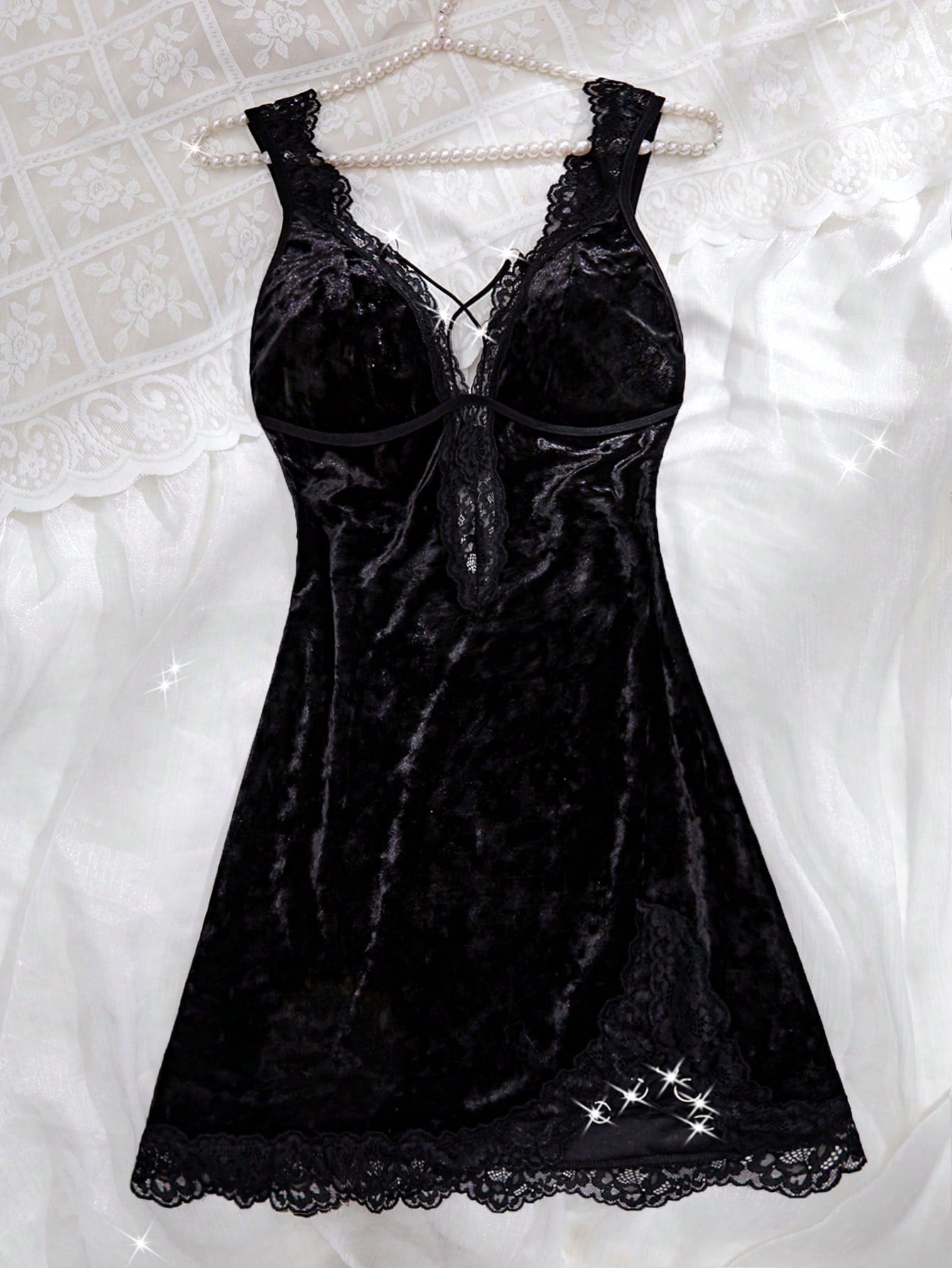 Solid Color Lace Sexy Lingerie Heroe Splicing Velvet Nightgown Deep V Backless Slit Night Dresses Fall & Fall Winter Comfortable Sleep Dress