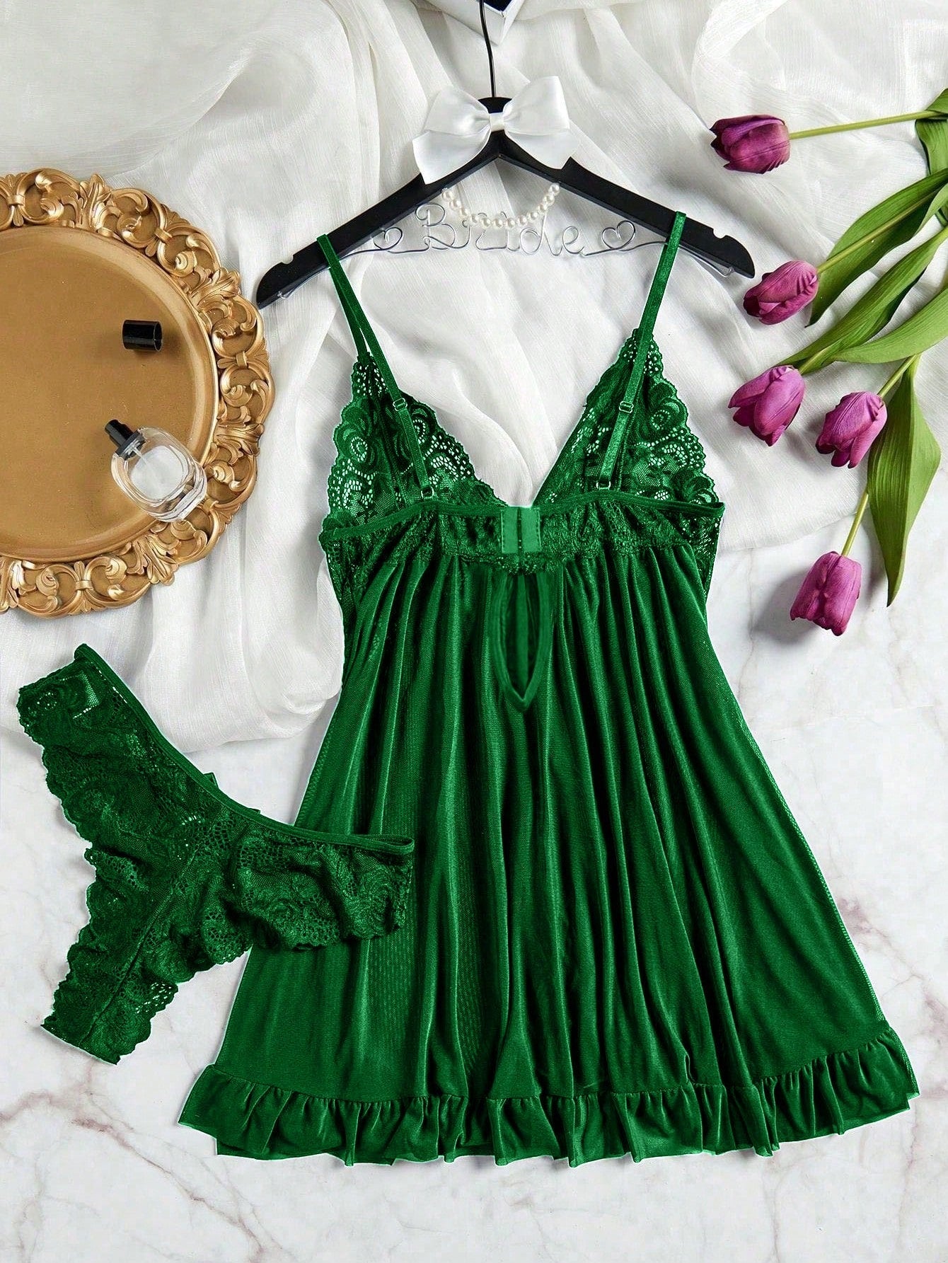 3pcs/Set Women Sexy Deep V Lace Lotus Lingerie Set, Versatile Sexy Sleepwear For Bedroom, Bathroom, Party